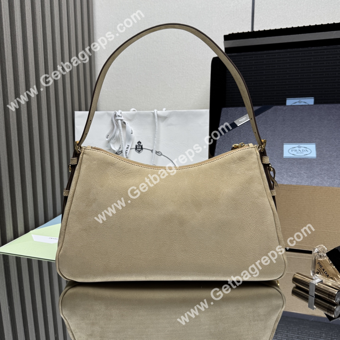 Prada Aimee Large Leather Shoulder Bag Khaki