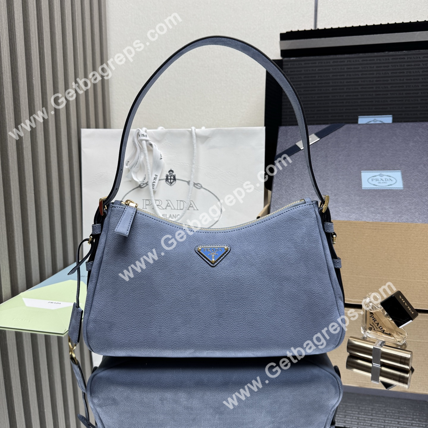 Prada Aimee Small Leather Shoulder Bag Blue