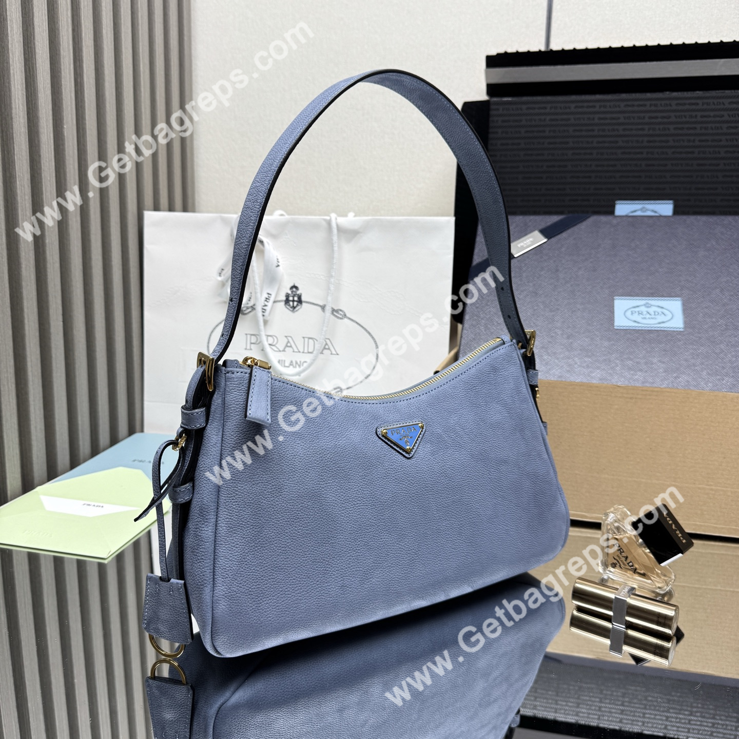 Prada Aimee Small Leather Shoulder Bag Blue