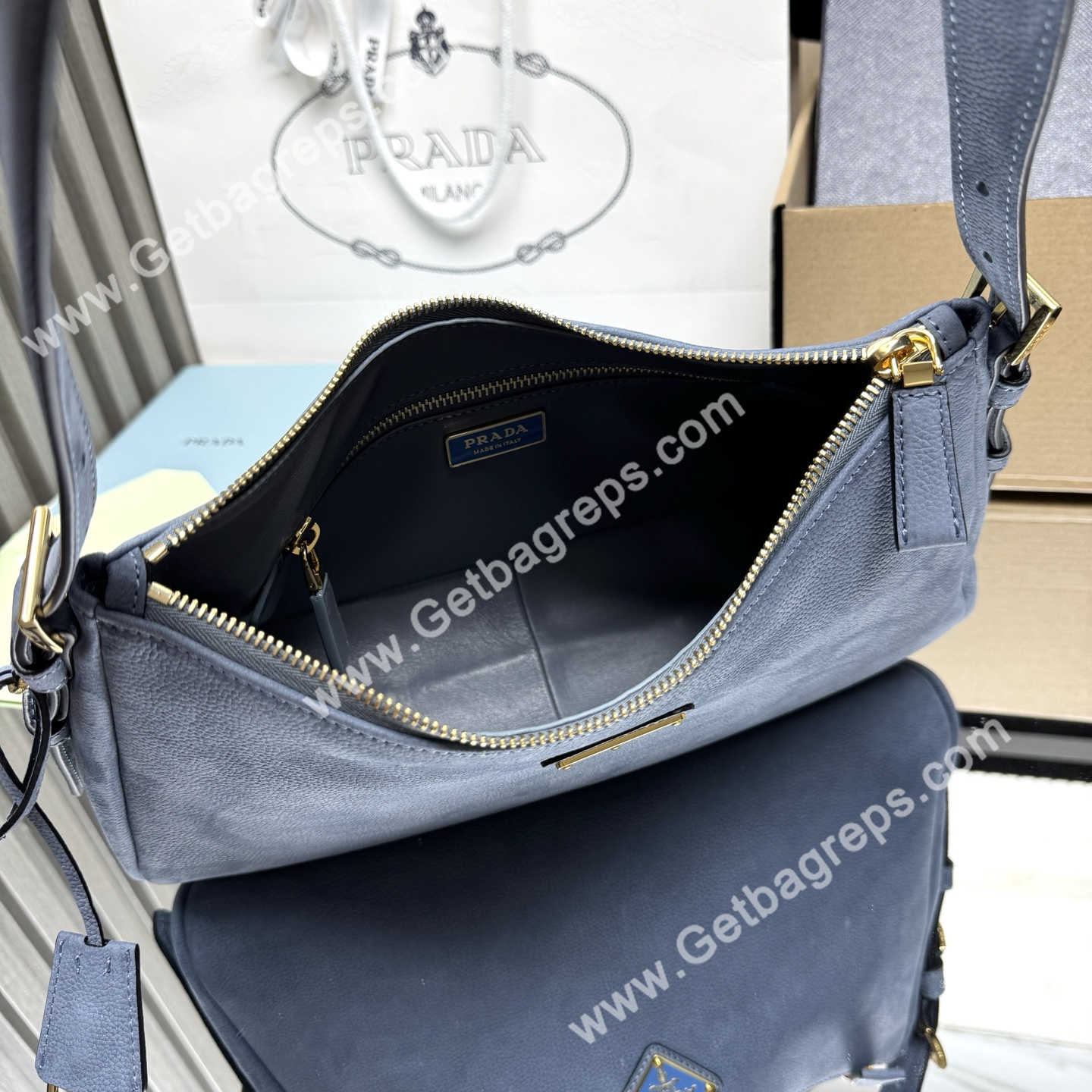 Prada Aimee Small Leather Shoulder Bag Blue