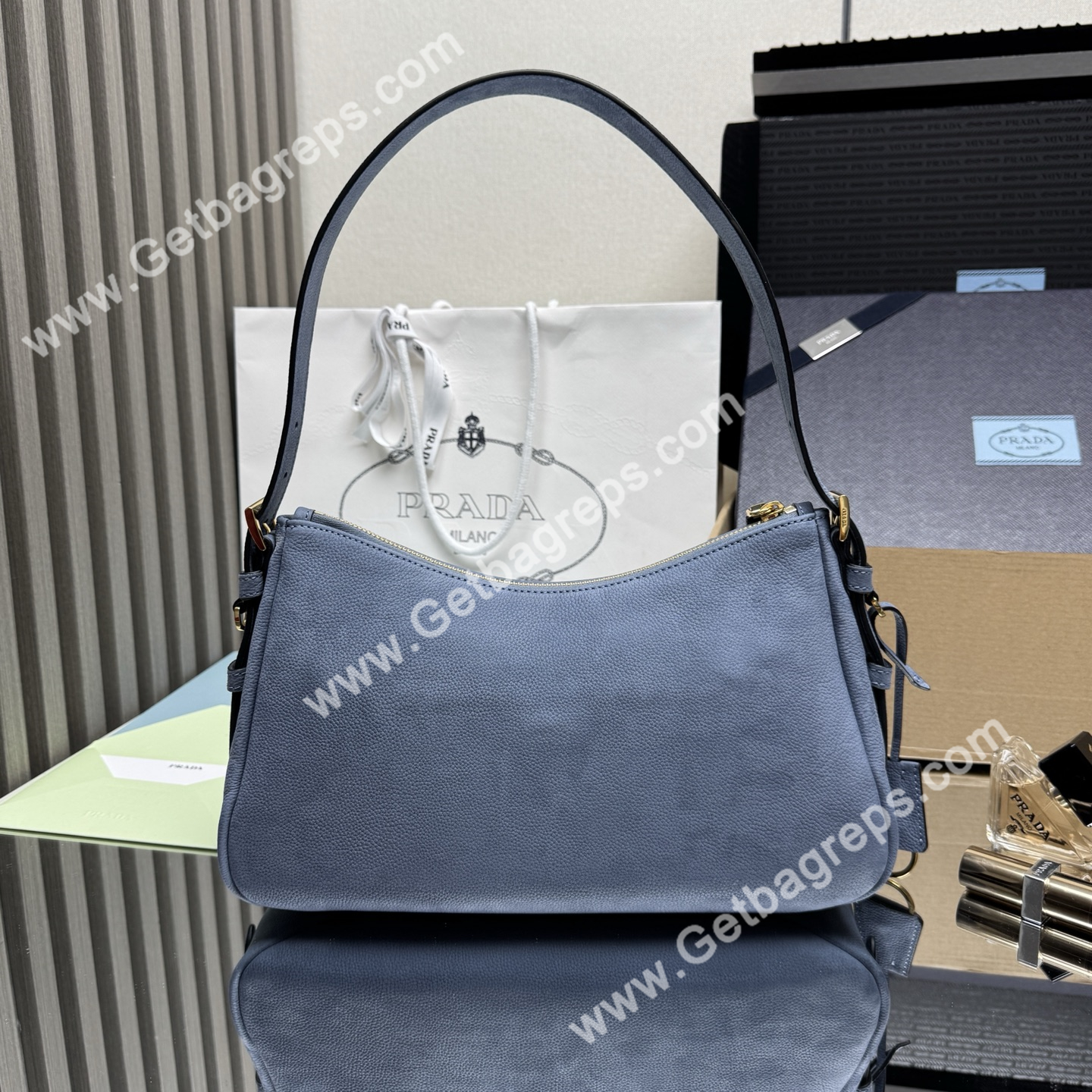 Prada Aimee Small Leather Shoulder Bag Blue