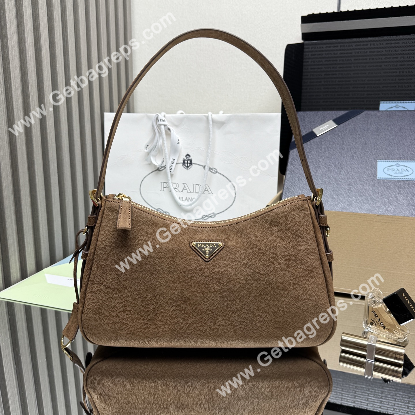 Prada Aimee Small Leather Shoulder Bag Brown