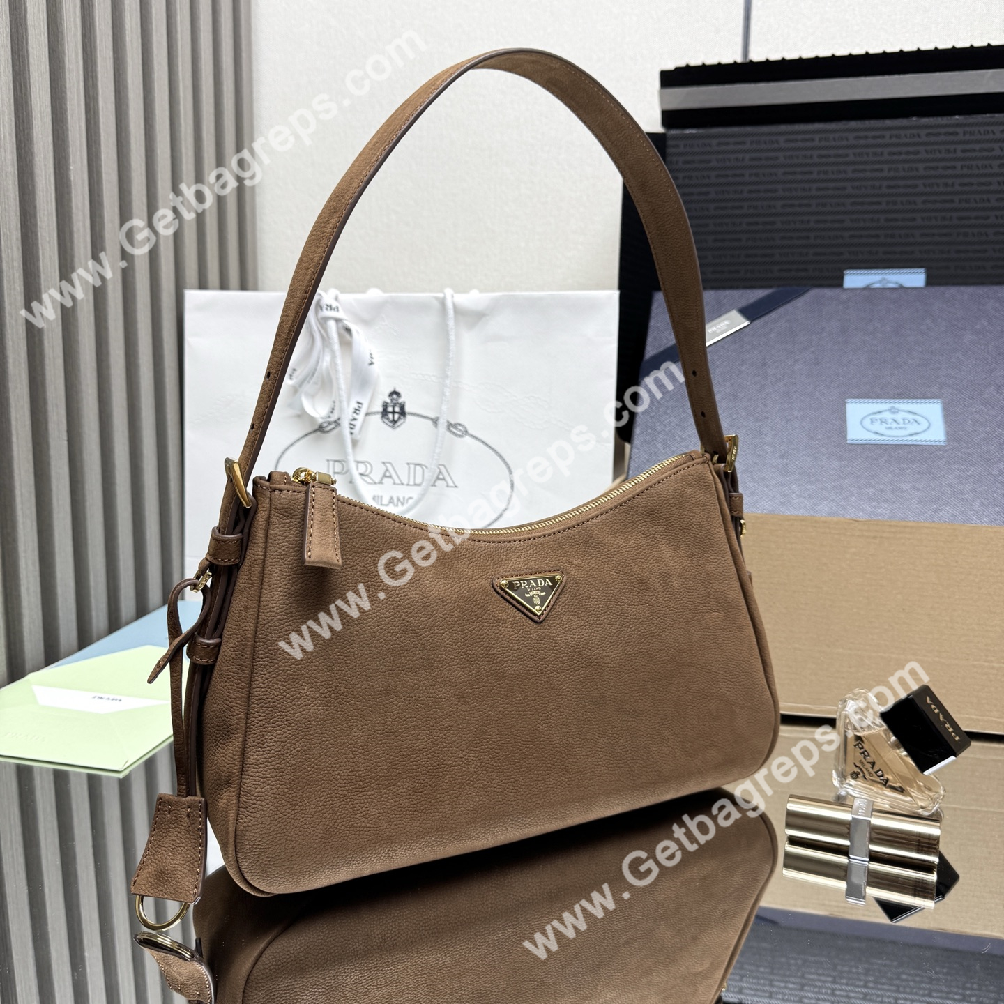 Prada Aimee Small Leather Shoulder Bag Brown