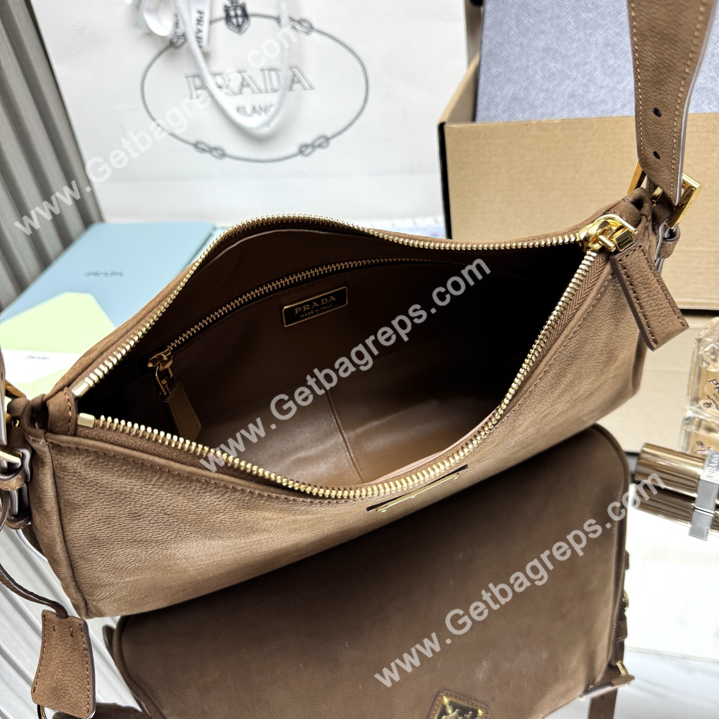 Prada Aimee Small Leather Shoulder Bag Brown