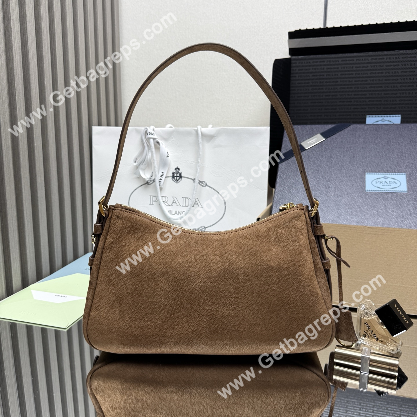 Prada Aimee Small Leather Shoulder Bag Brown