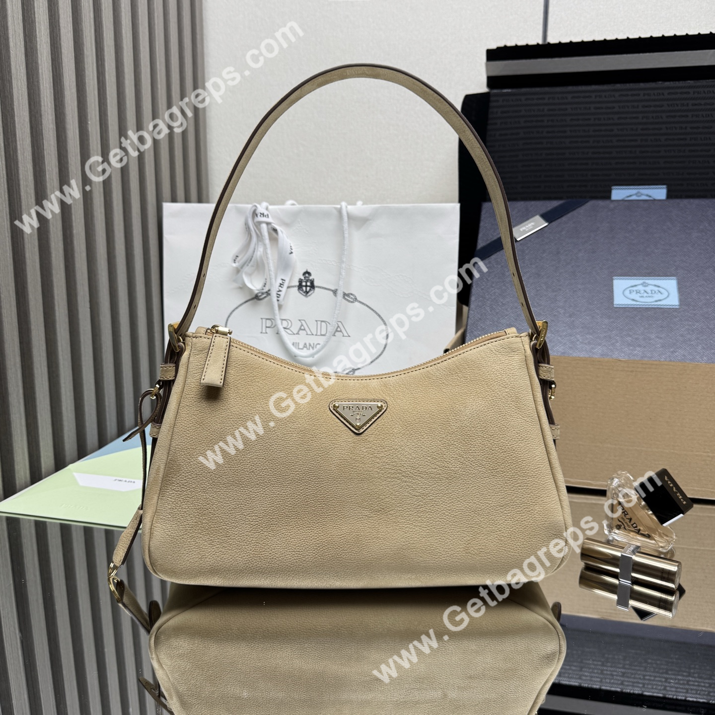 Prada Aimee Small Leather Shoulder Bag Khaki