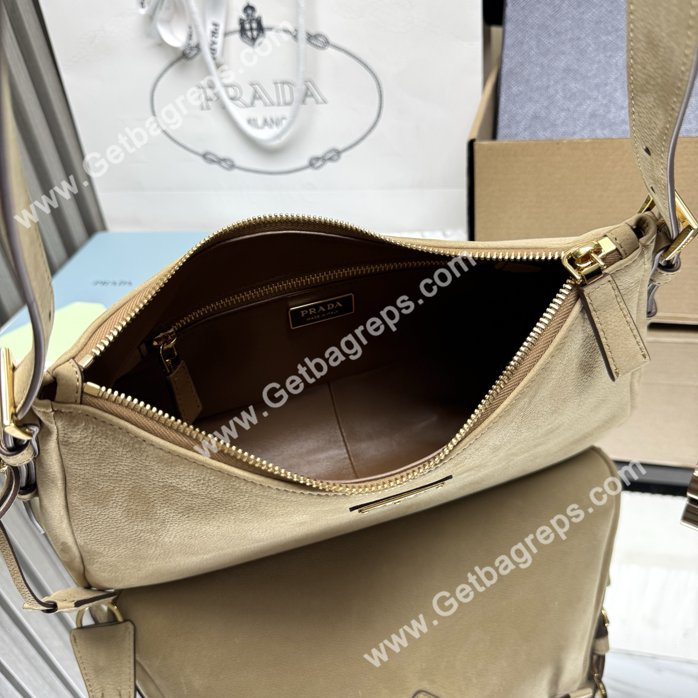 Prada Aimee Small Leather Shoulder Bag Khaki