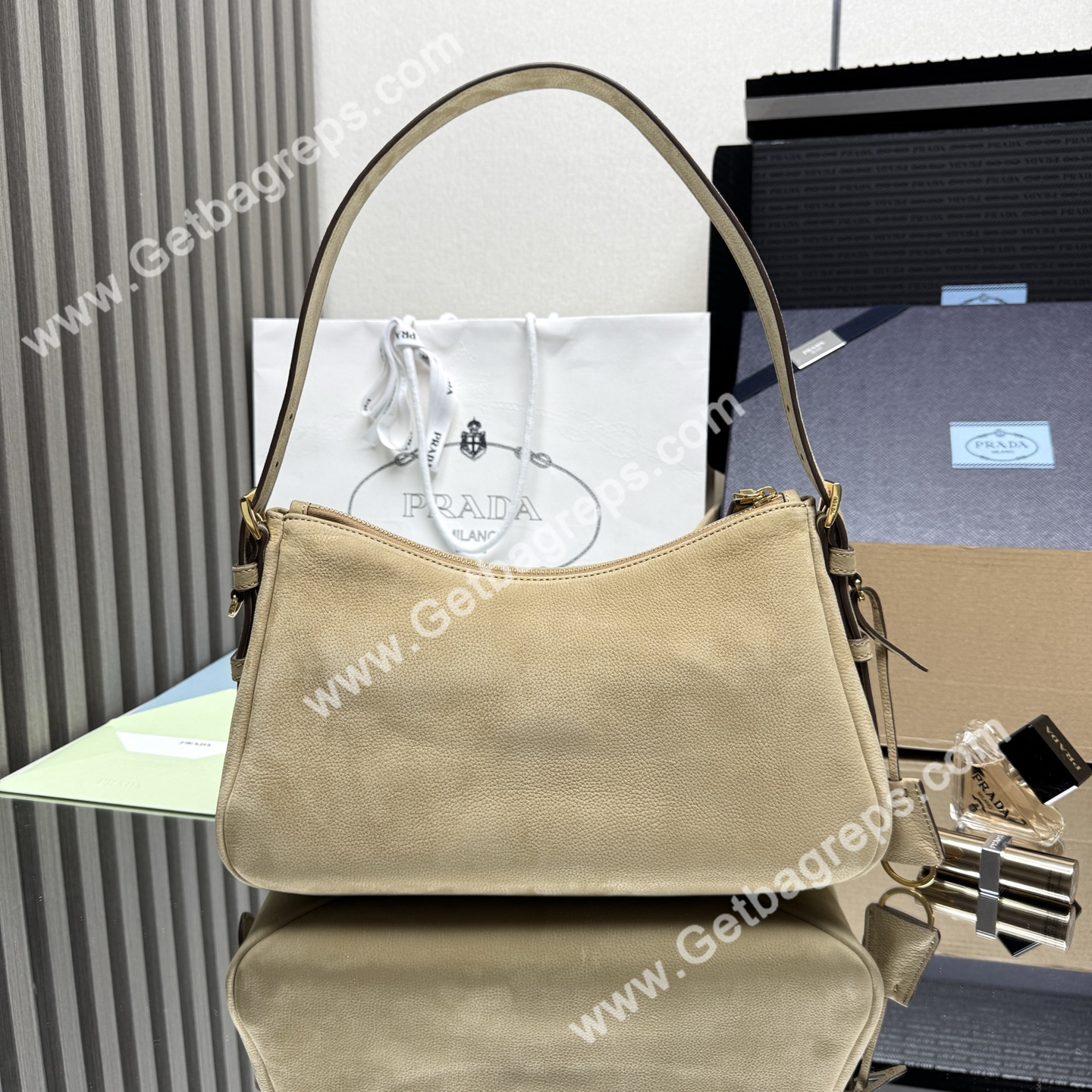 Prada Aimee Small Leather Shoulder Bag Khaki