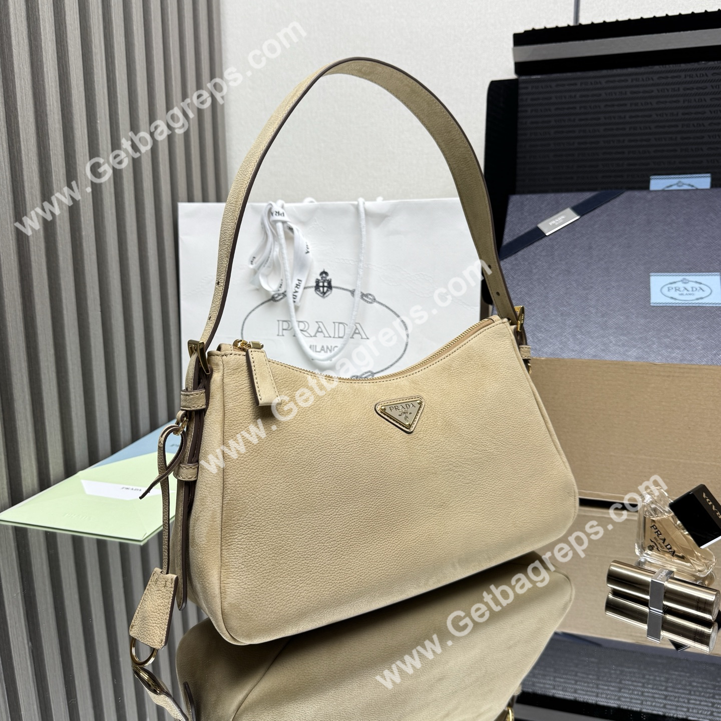 Prada Aimee Small Leather Shoulder Bag Khaki