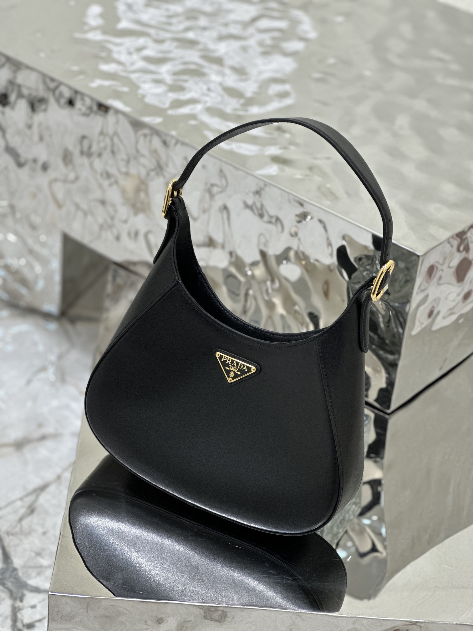 Prada Cleo Brushed Leather Shoulder Bag Black