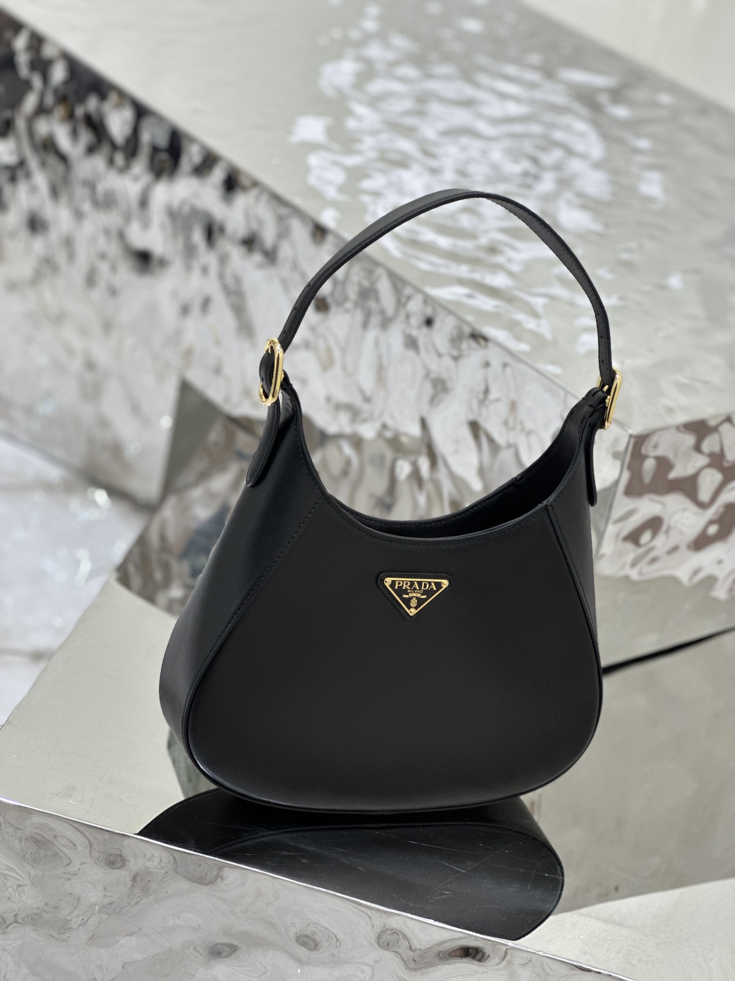 Prada Cleo Brushed Leather Shoulder Bag Black