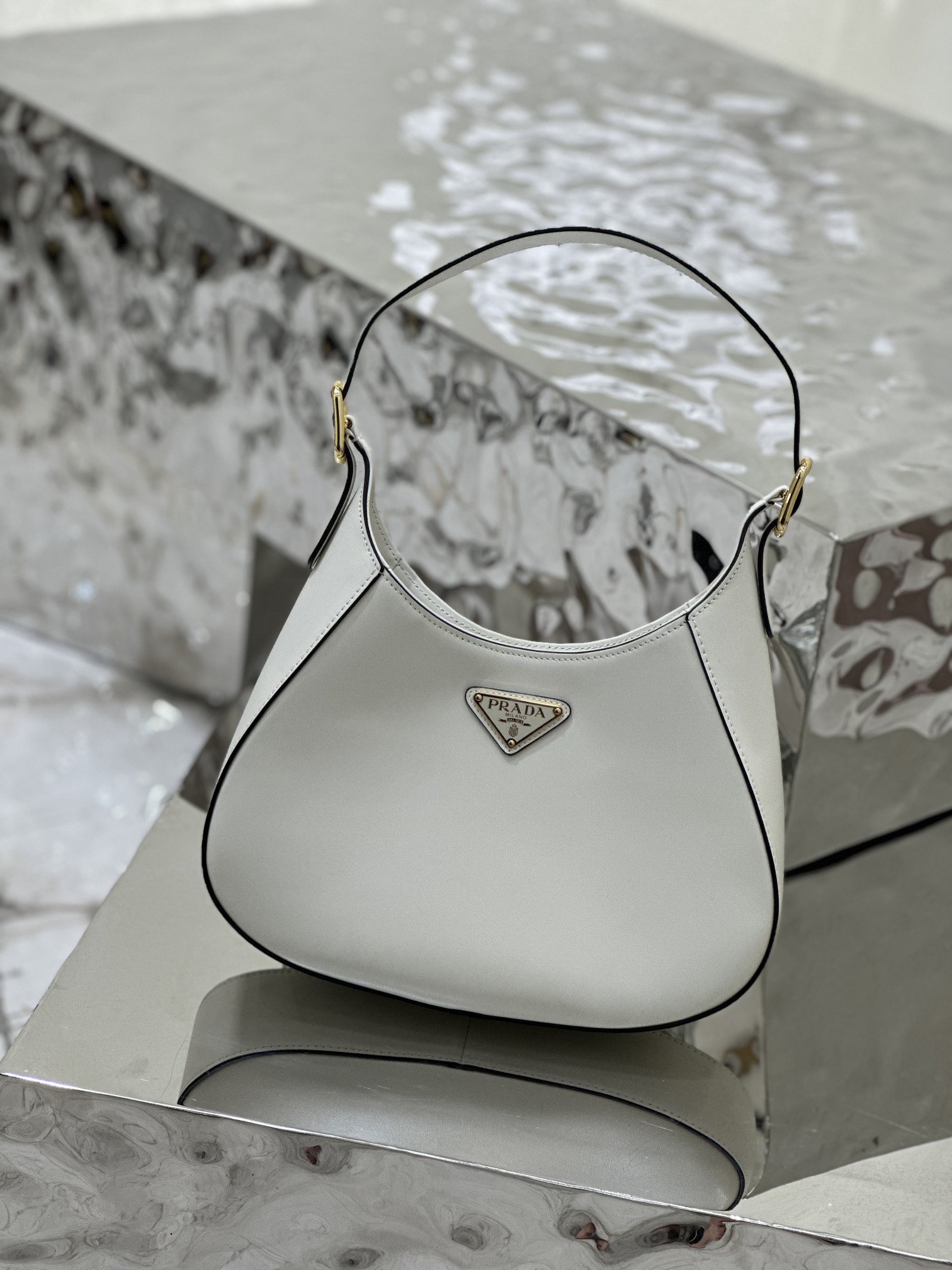 Prada Cleo Brushed Leather Shoulder Bag White