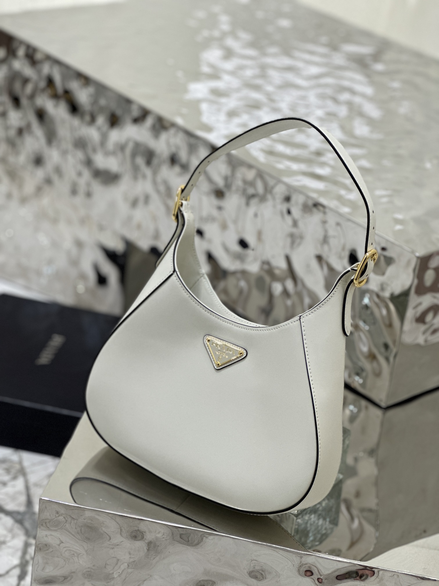 Prada Cleo Brushed Leather Shoulder Bag White