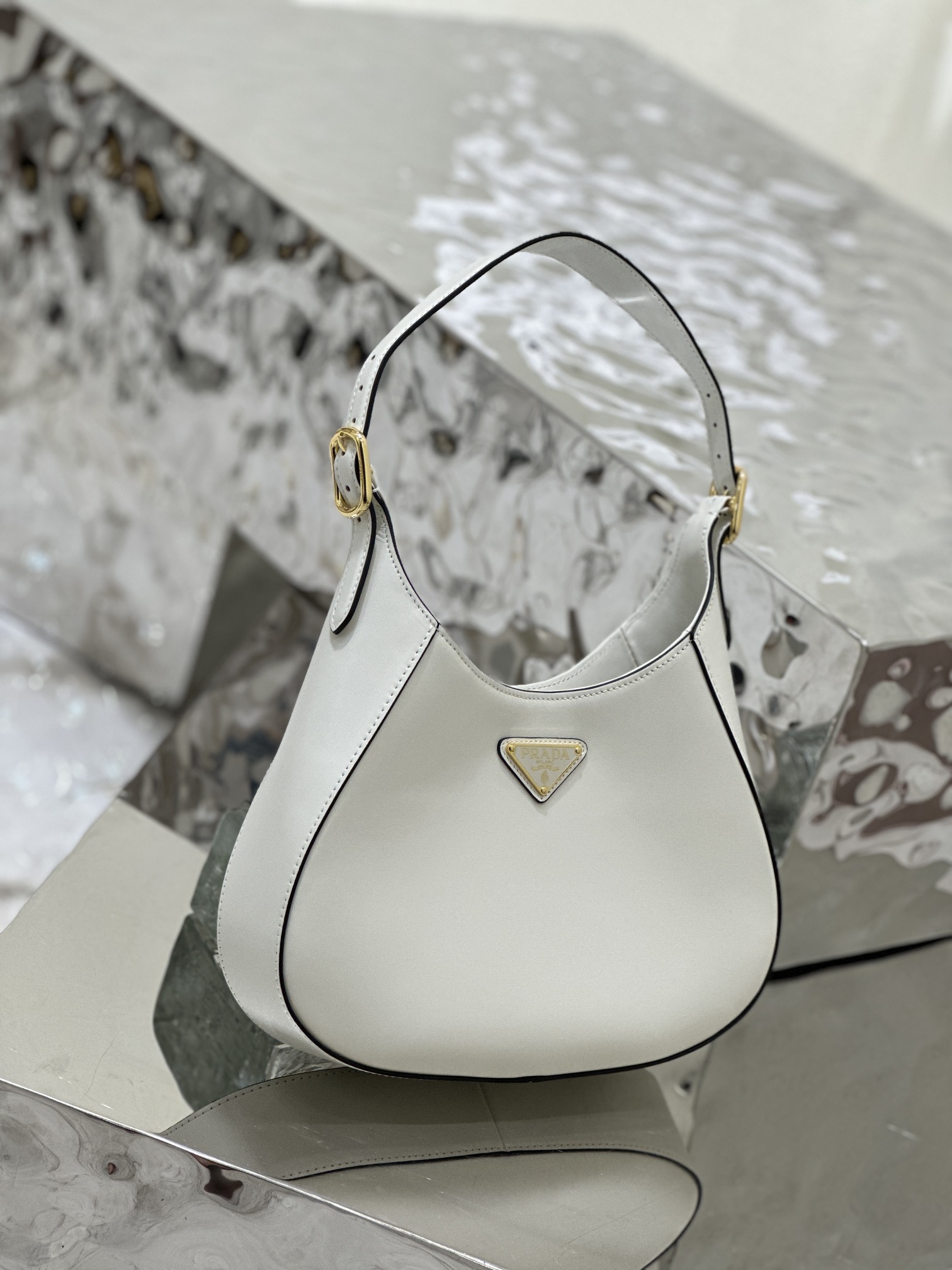 Prada Cleo Brushed Leather Shoulder Bag White