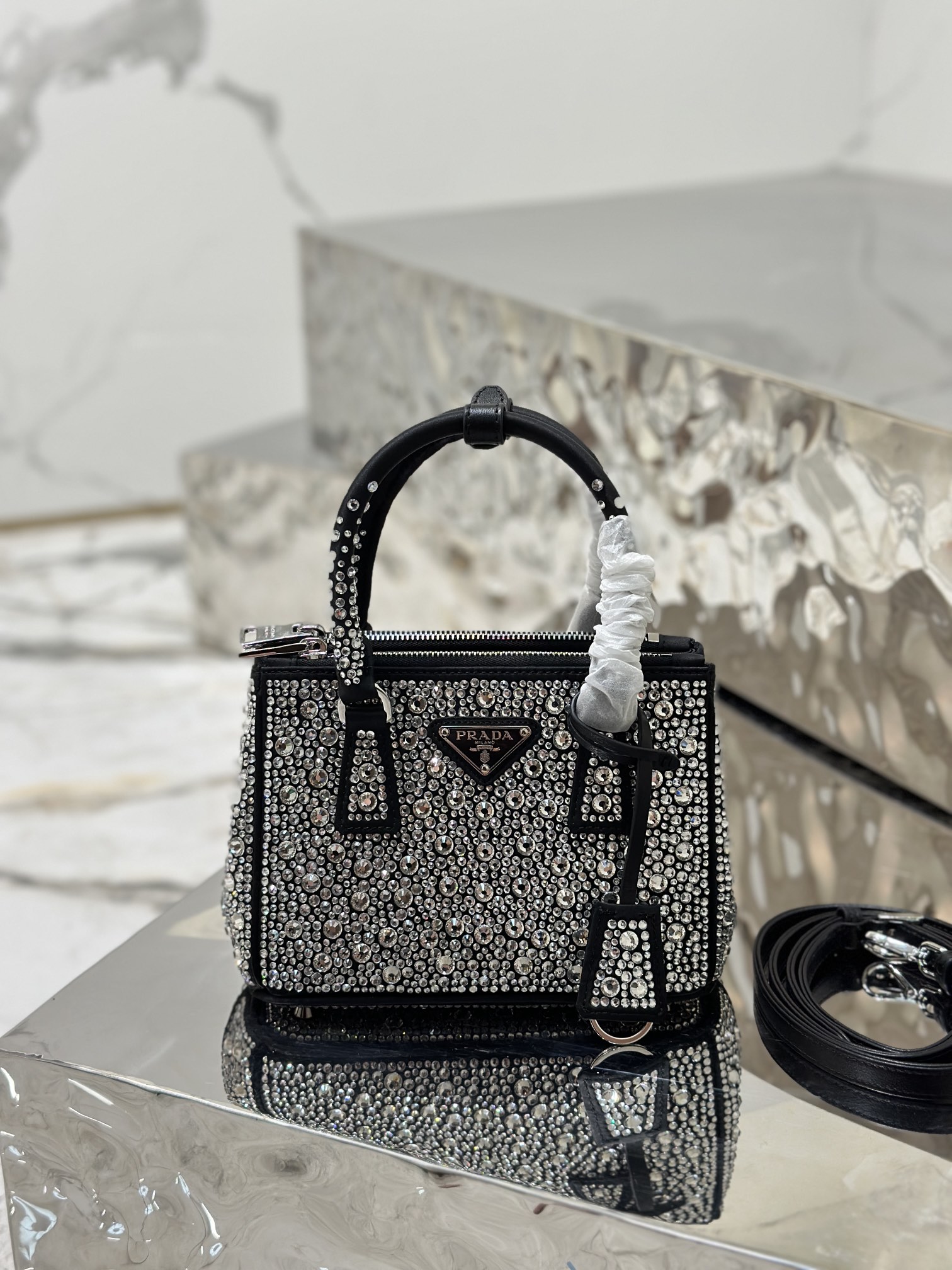 Prada Galleria Satin Mini-bag with Crystals Black