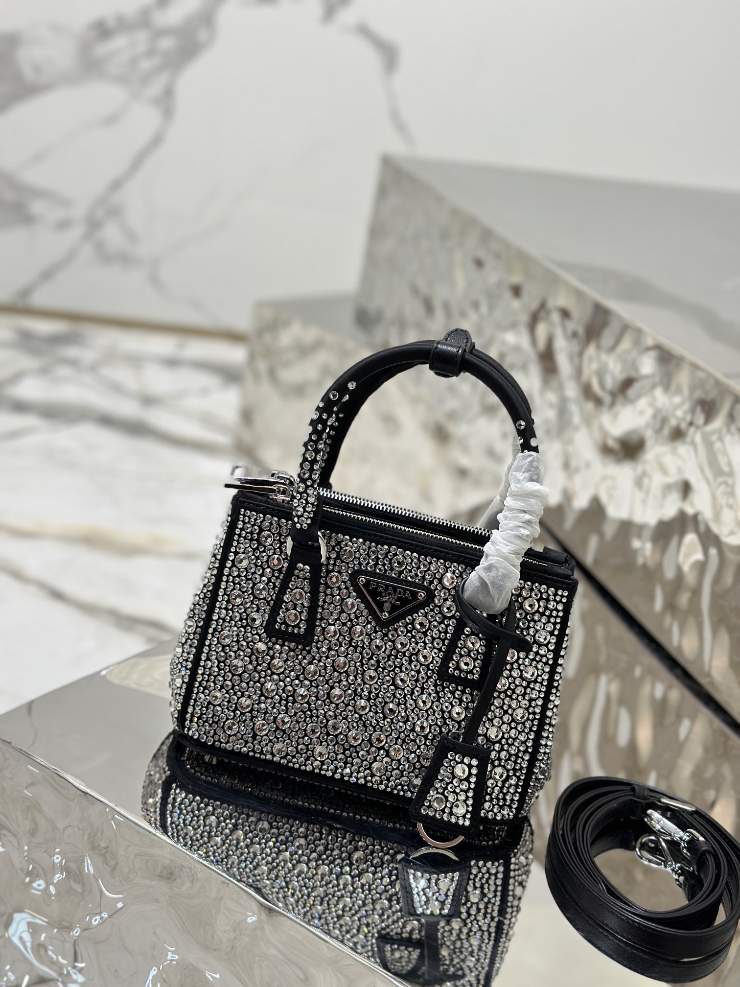 Prada Galleria Satin Mini-bag with Crystals Black