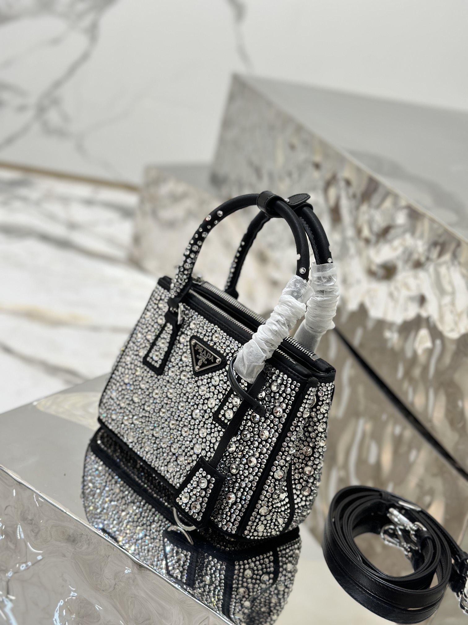 Prada Galleria Satin Mini-bag with Crystals Black