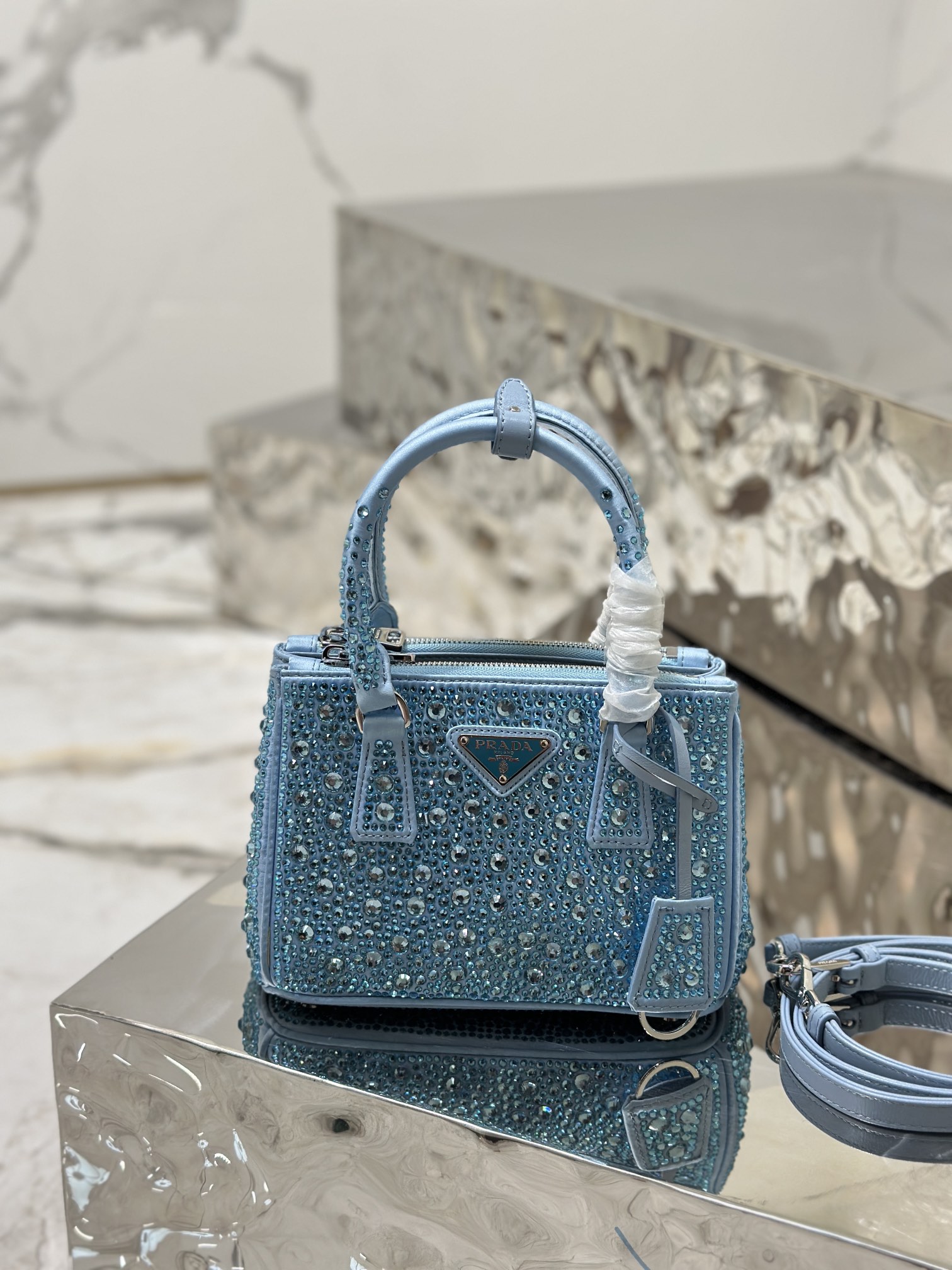 Prada Galleria Satin Mini-bag with Crystals Blue