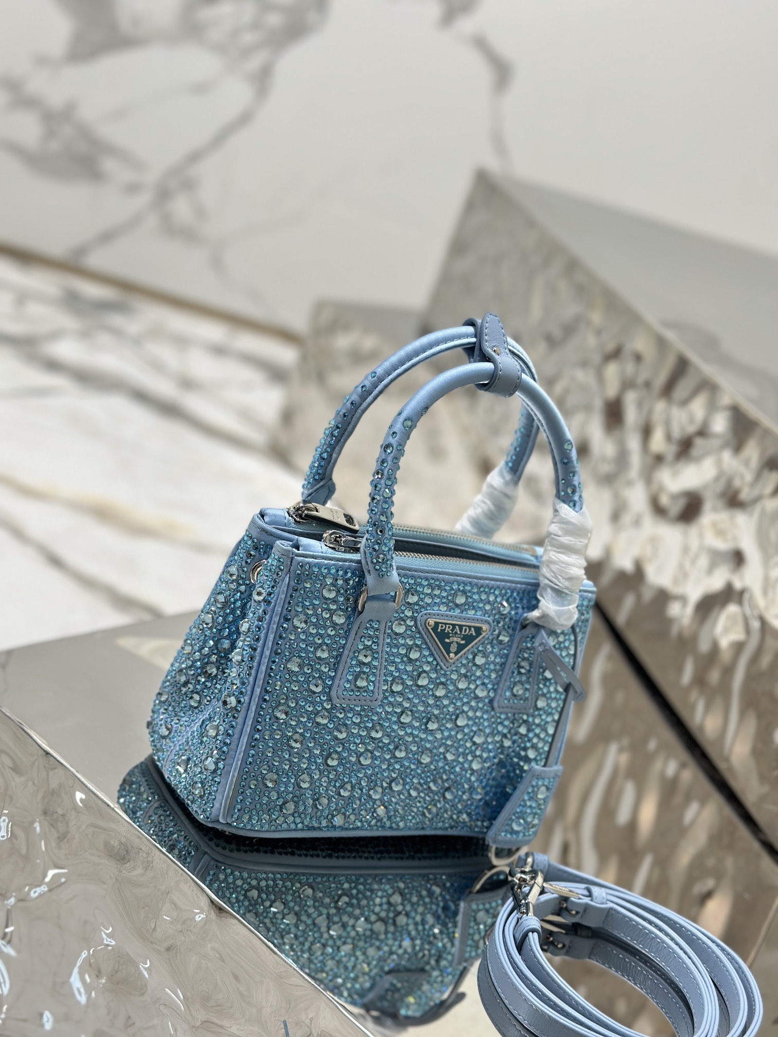 Prada Galleria Satin Mini-bag with Crystals Blue