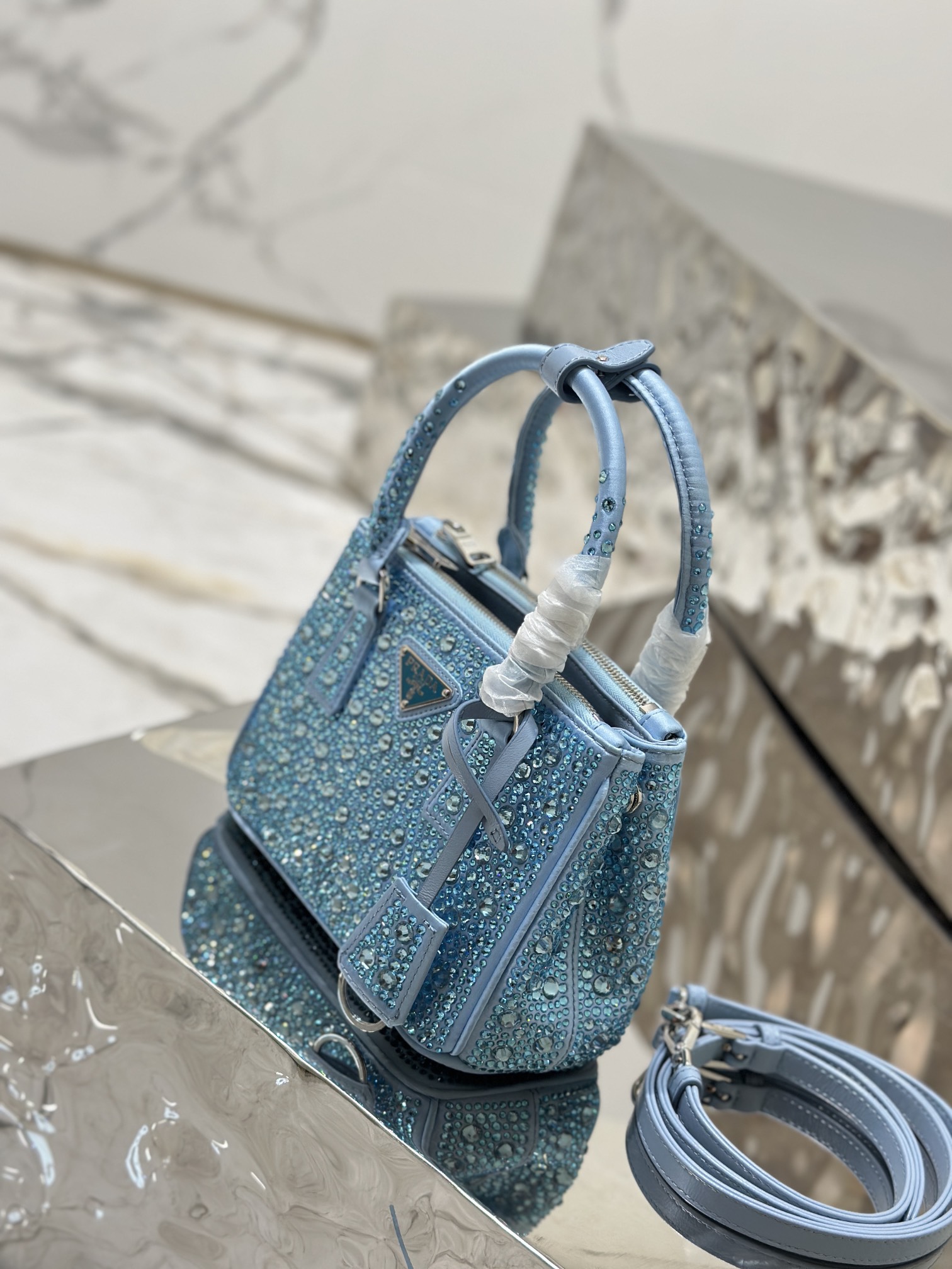 Prada Galleria Satin Mini-bag with Crystals Blue