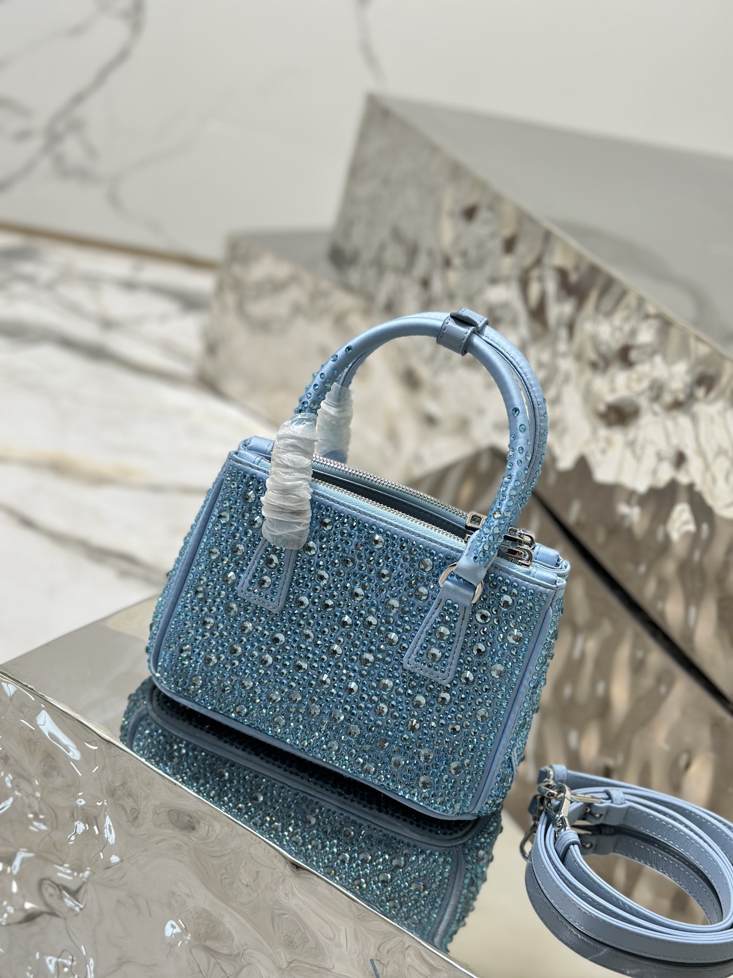 Prada Galleria Satin Mini-bag with Crystals Blue