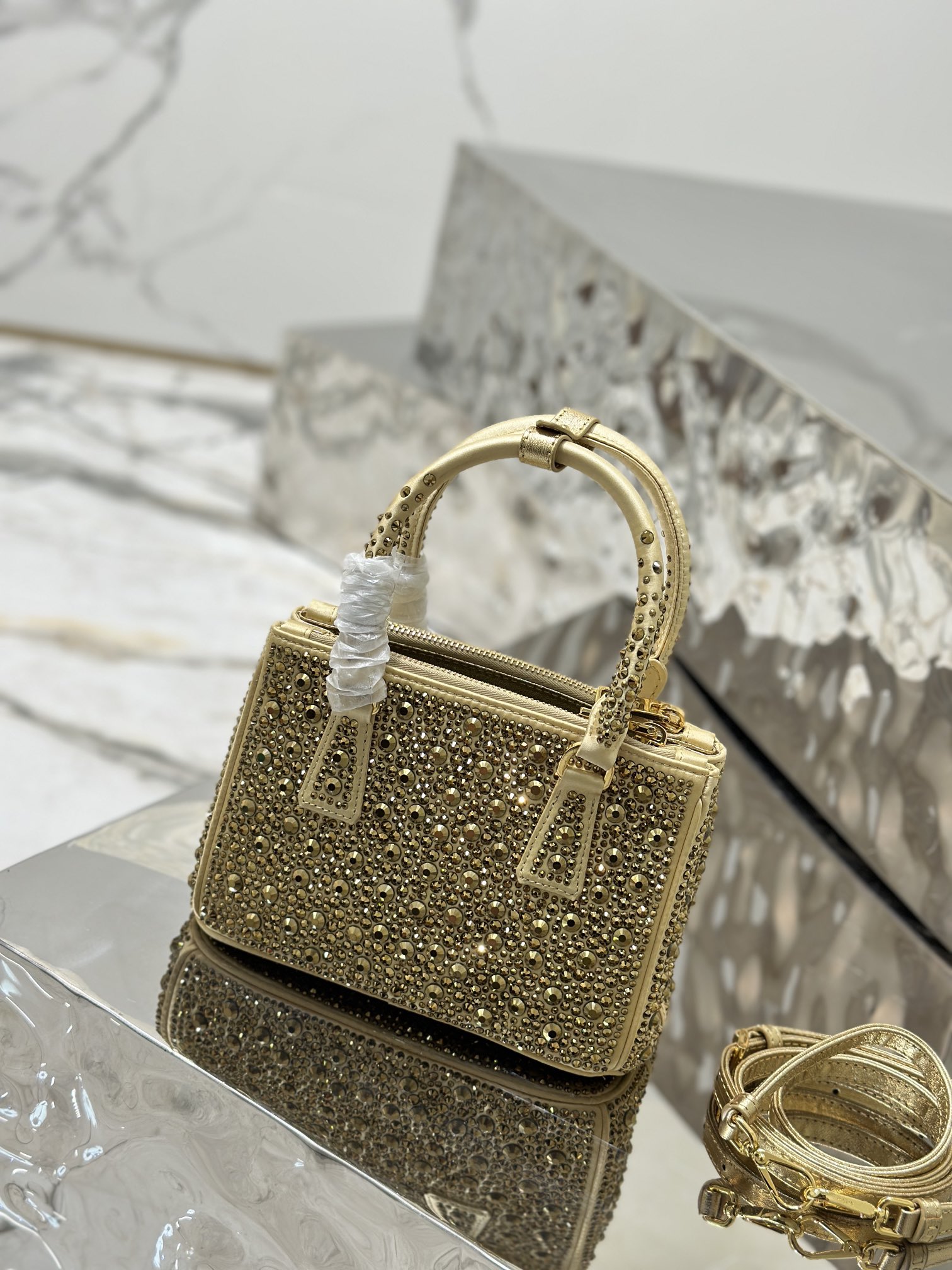 Prada Galleria Satin Mini-bag with Crystals Gold