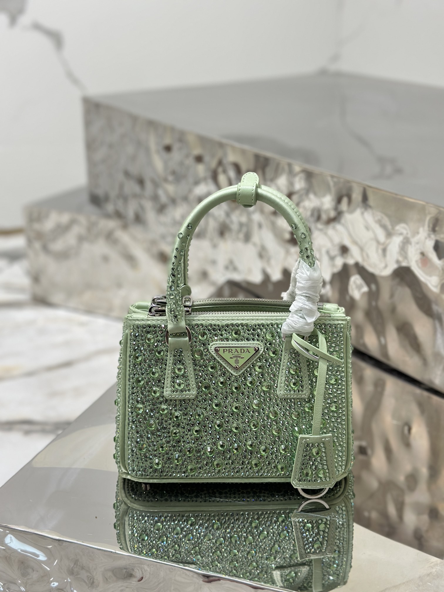 Prada Galleria Satin Mini-bag with Crystals Green