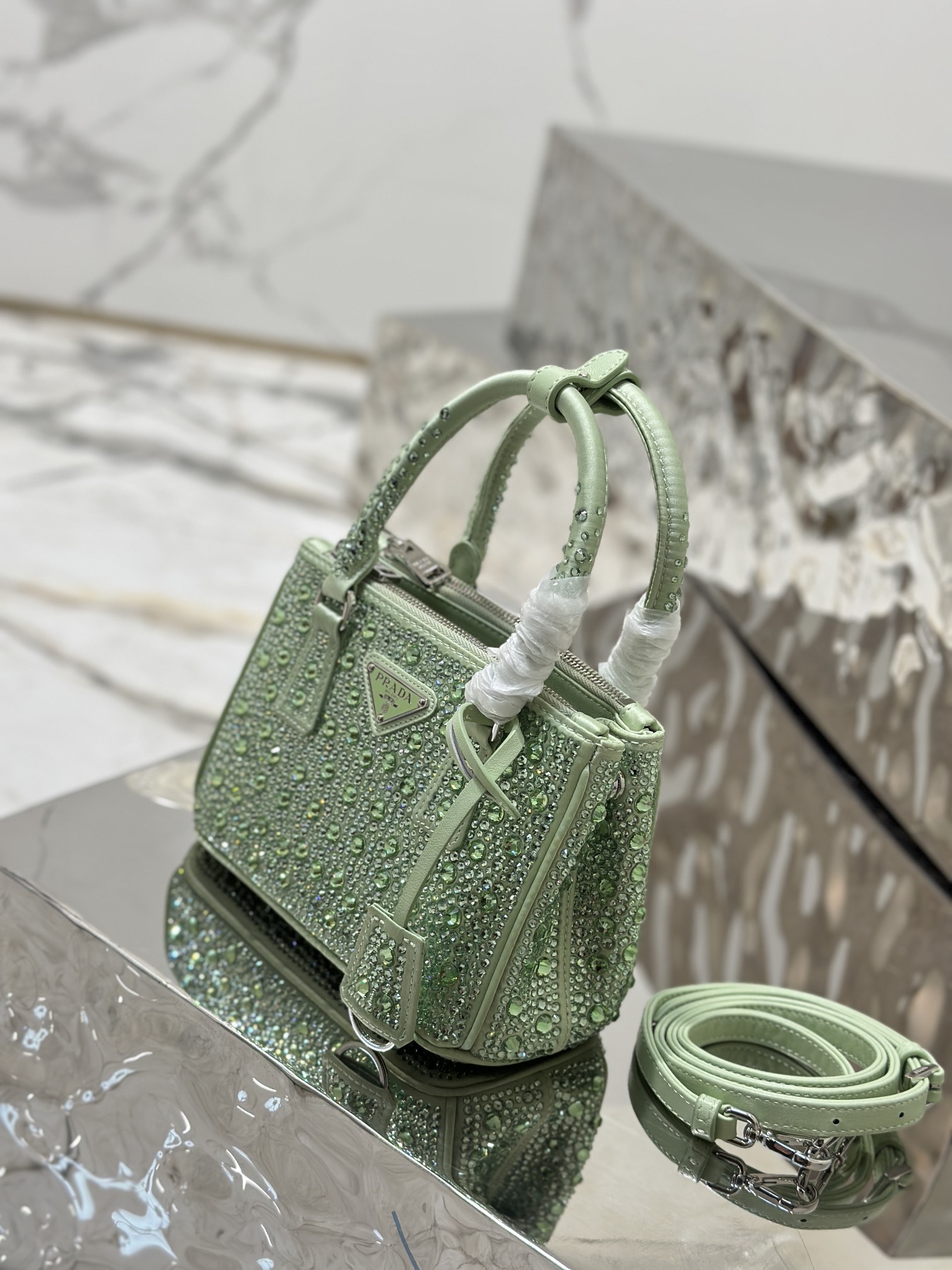 Prada Galleria Satin Mini-bag with Crystals Green