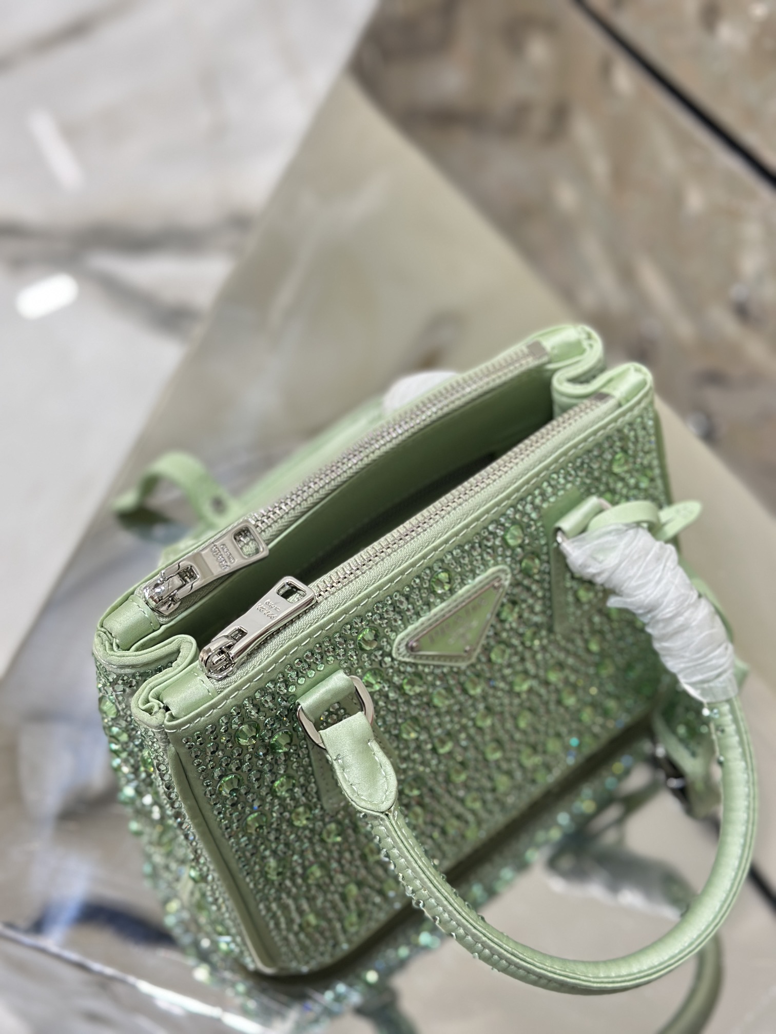 Prada Galleria Satin Mini-bag with Crystals Green