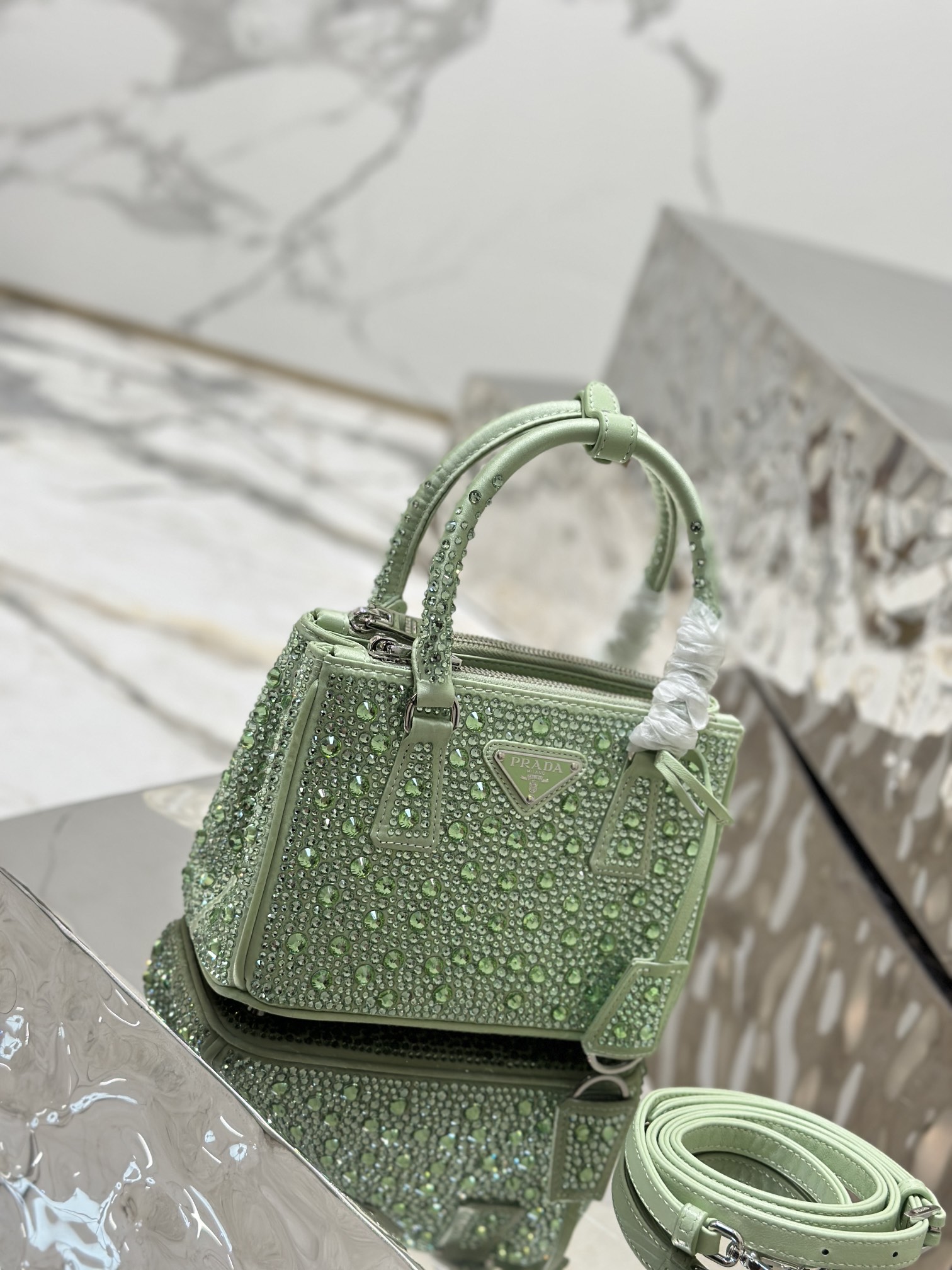 Prada Galleria Satin Mini-bag with Crystals Green