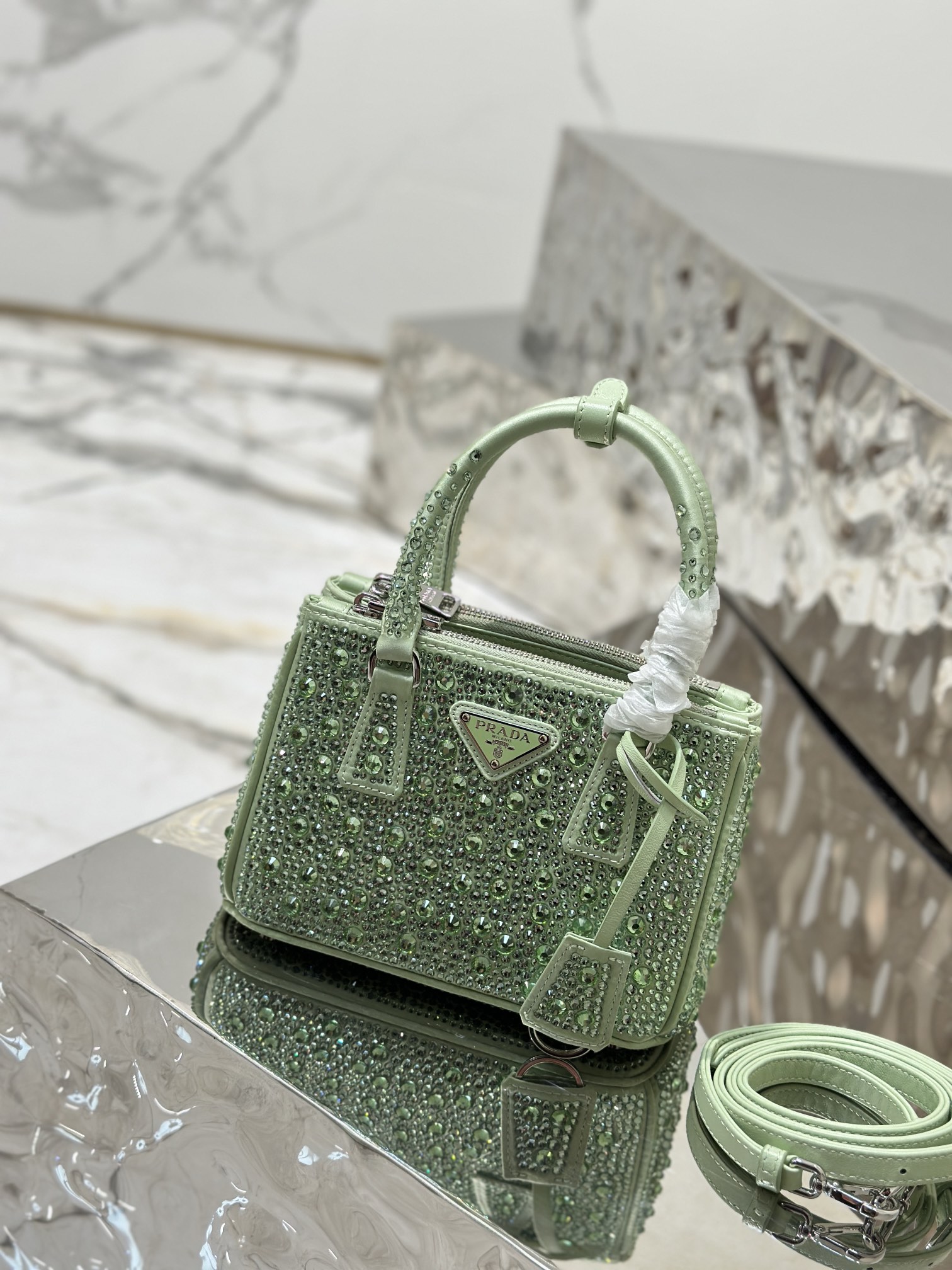 Prada Galleria Satin Mini-bag with Crystals Green