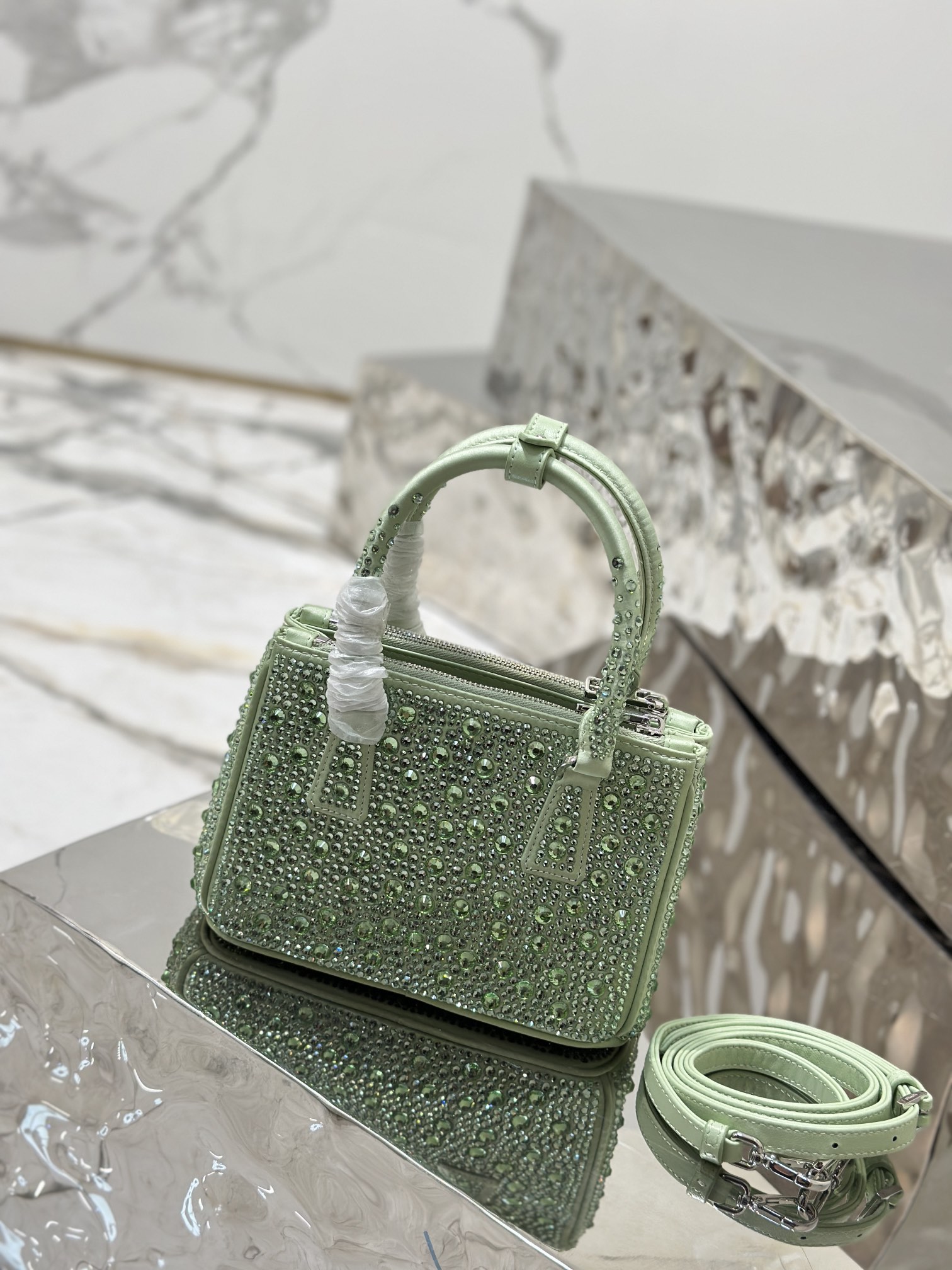 Prada Galleria Satin Mini-bag with Crystals Green