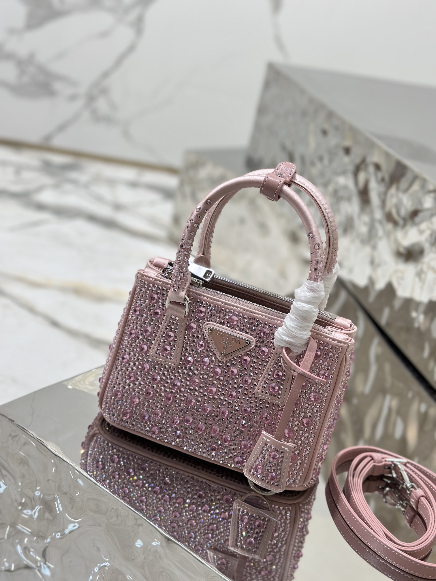 Prada Galleria Satin Mini-bag with Crystals Pink