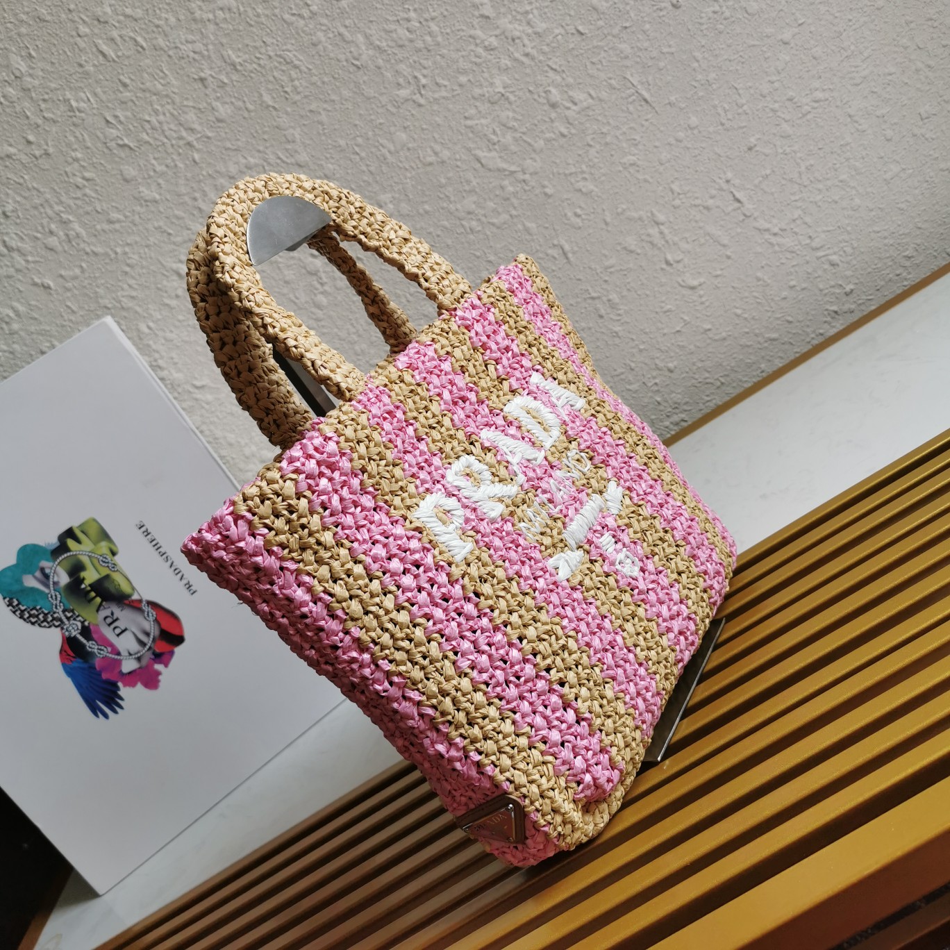 Prada Small Raffia Tote Bag Tan and Pink