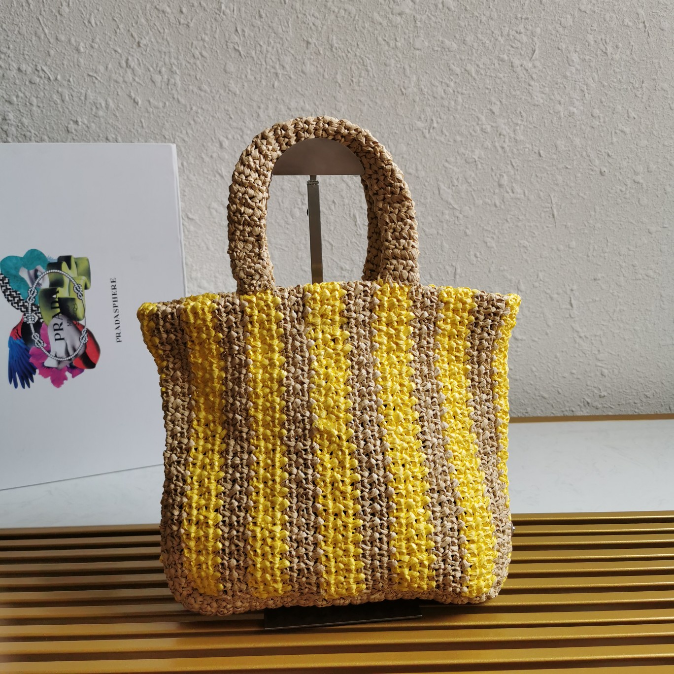 Prada Small Raffia Tote Bag Tan and Yellow