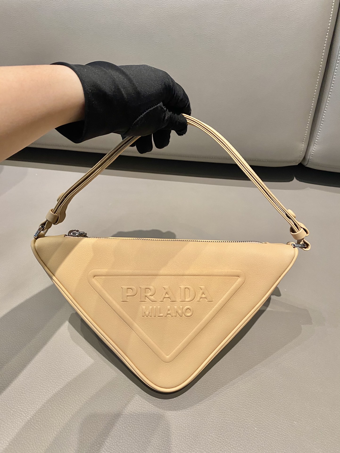 Prada Triangle Leather Shoulder Bag Beige 1BH190