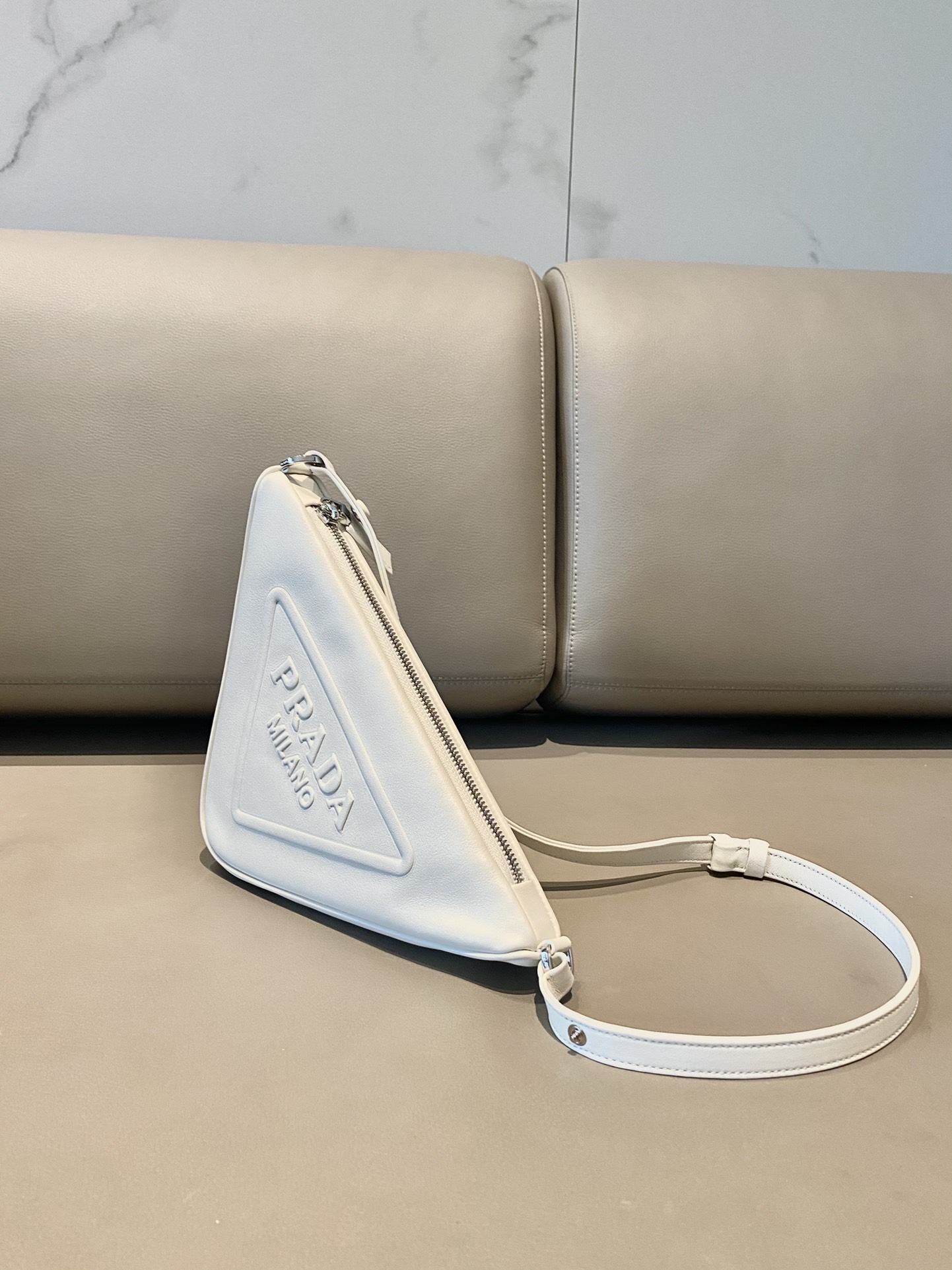 Prada Triangle Leather Shoulder Bag White 1BH190