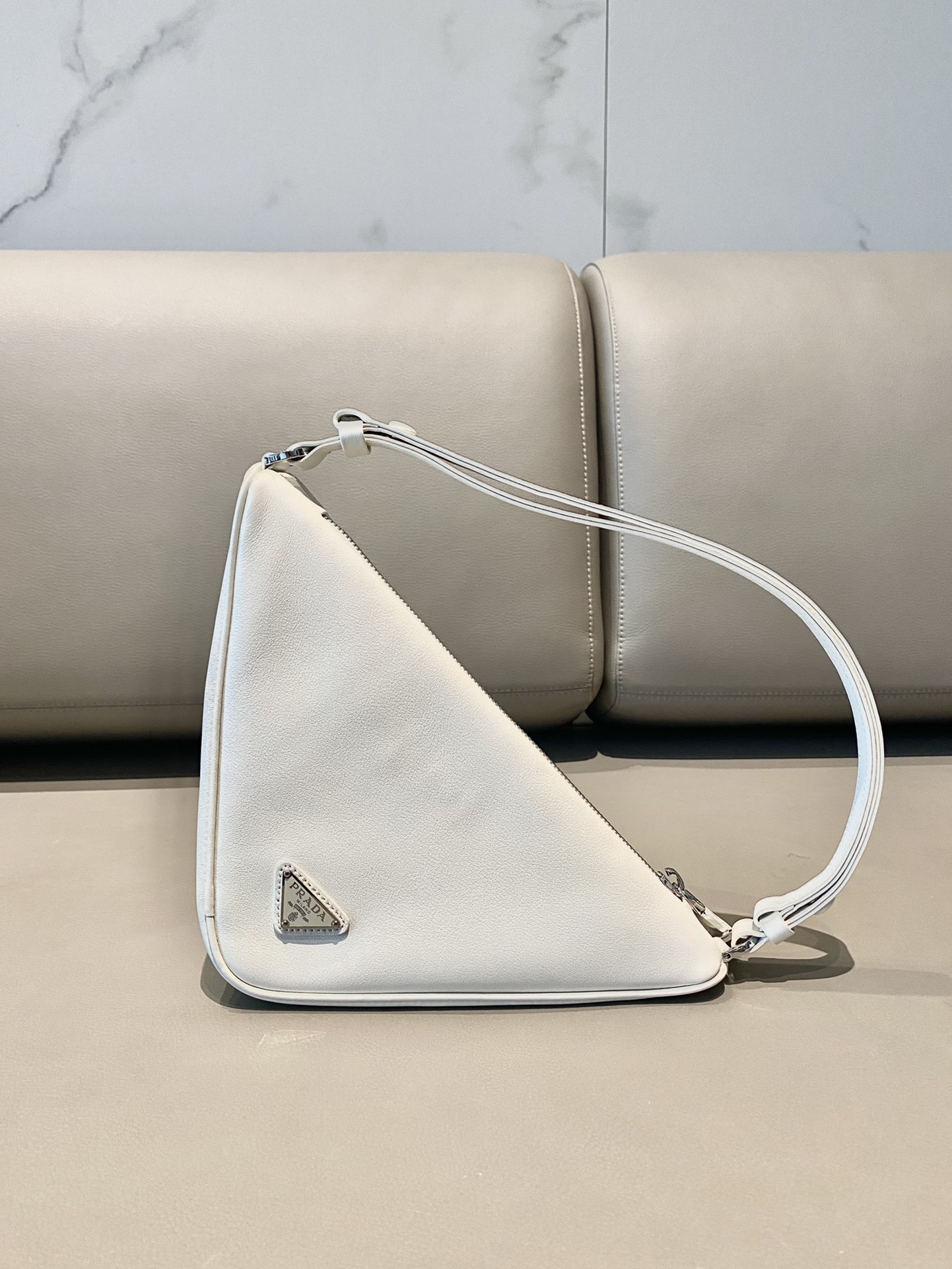 Prada Triangle Leather Shoulder Bag White 1BH190