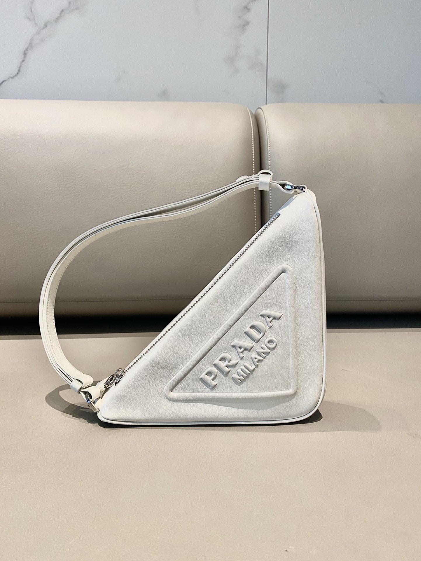 Prada Triangle Leather Shoulder Bag White 1BH190