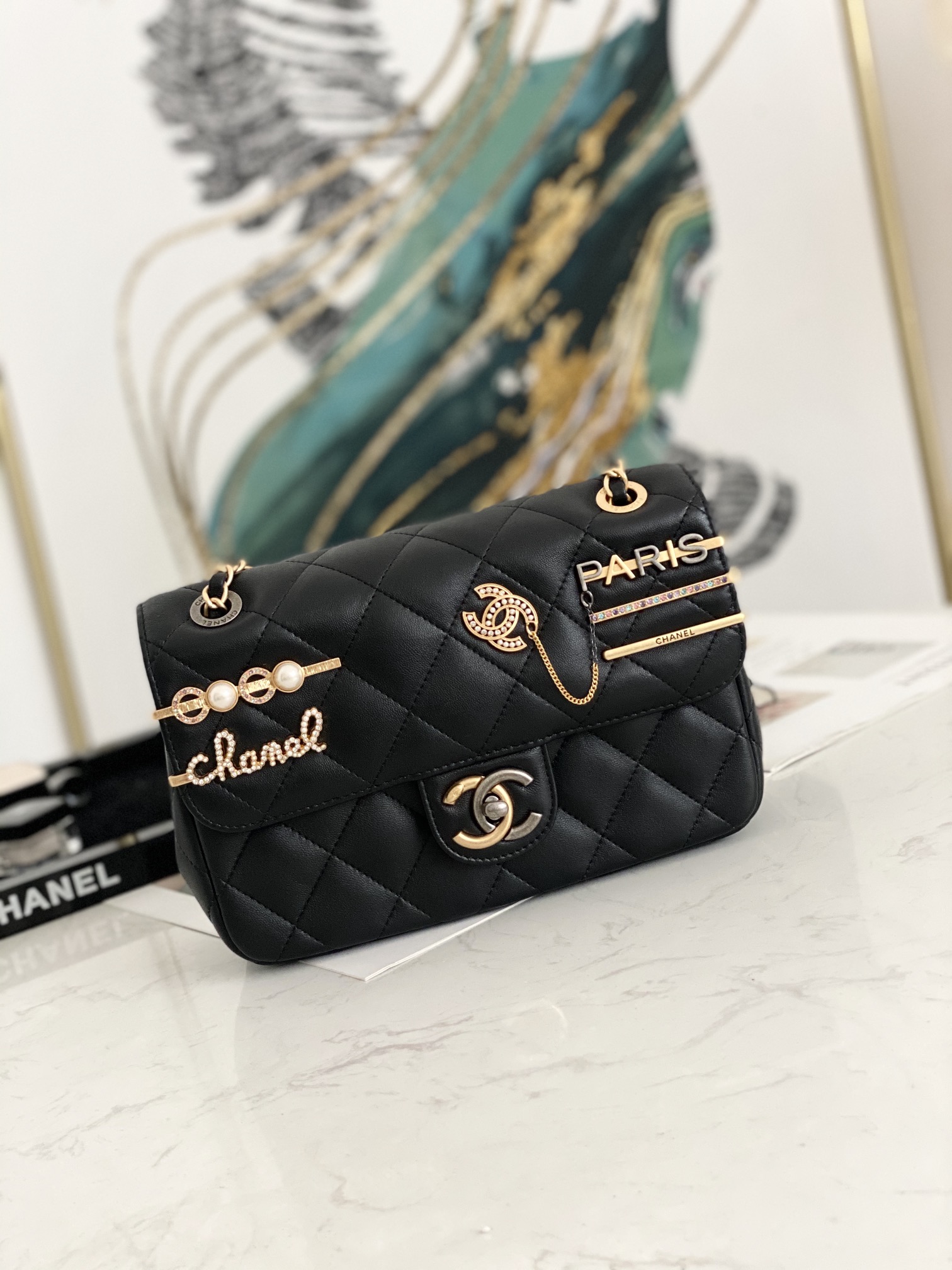 Replcai Chanel AS2979 Small Flap Bag Lambskin Glass Pearls Black