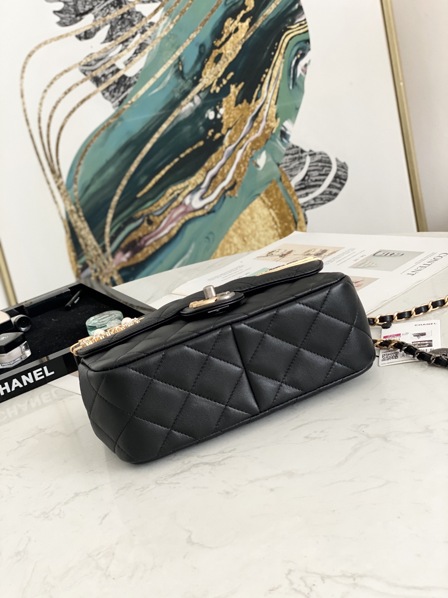 Replcai Chanel AS2979 Small Flap Bag Lambskin Glass Pearls Black