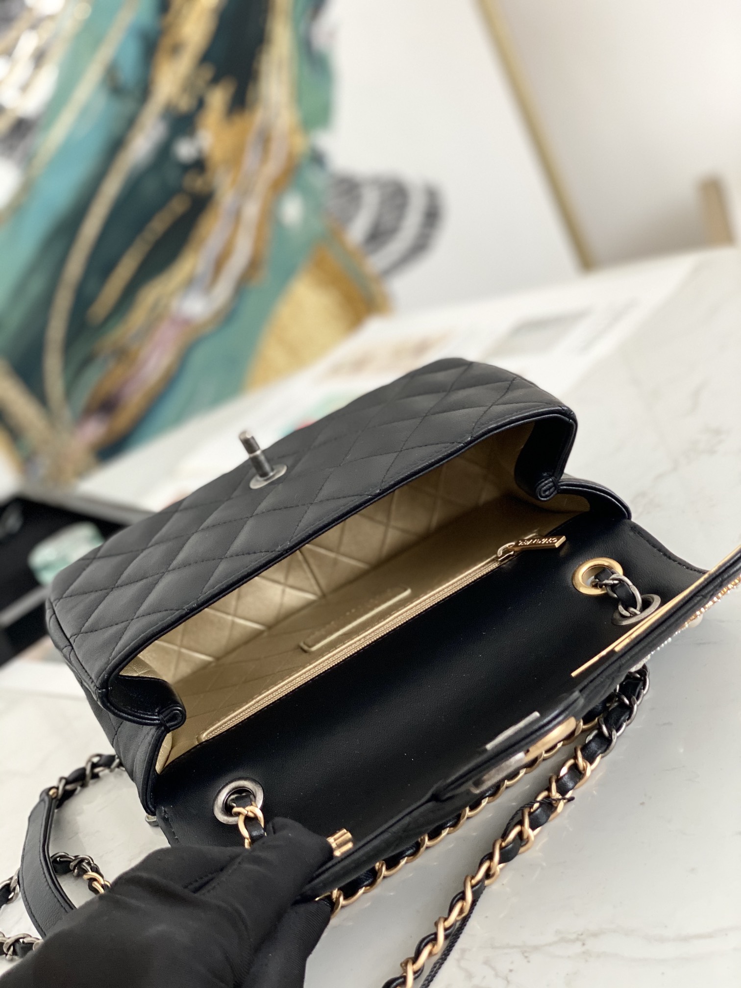 Replcai Chanel AS2979 Small Flap Bag Lambskin Glass Pearls Black