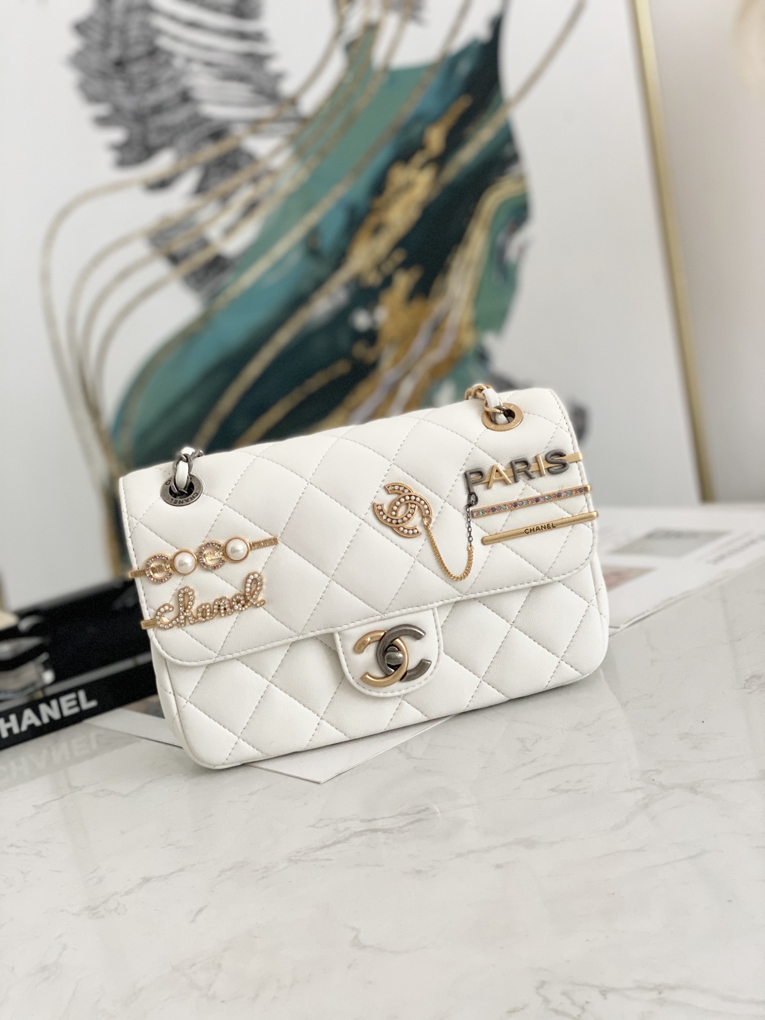 Replcai Chanel AS2979 Small Flap Bag Lambskin Glass Pearls White