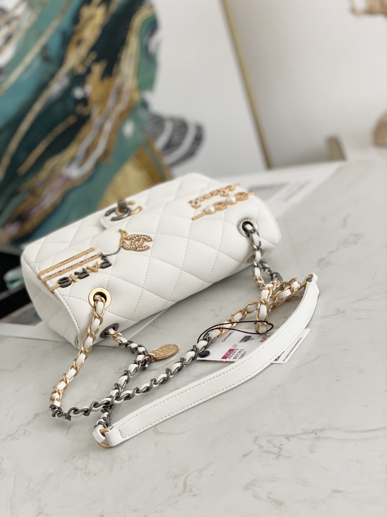 Replcai Chanel AS2979 Small Flap Bag Lambskin Glass Pearls White