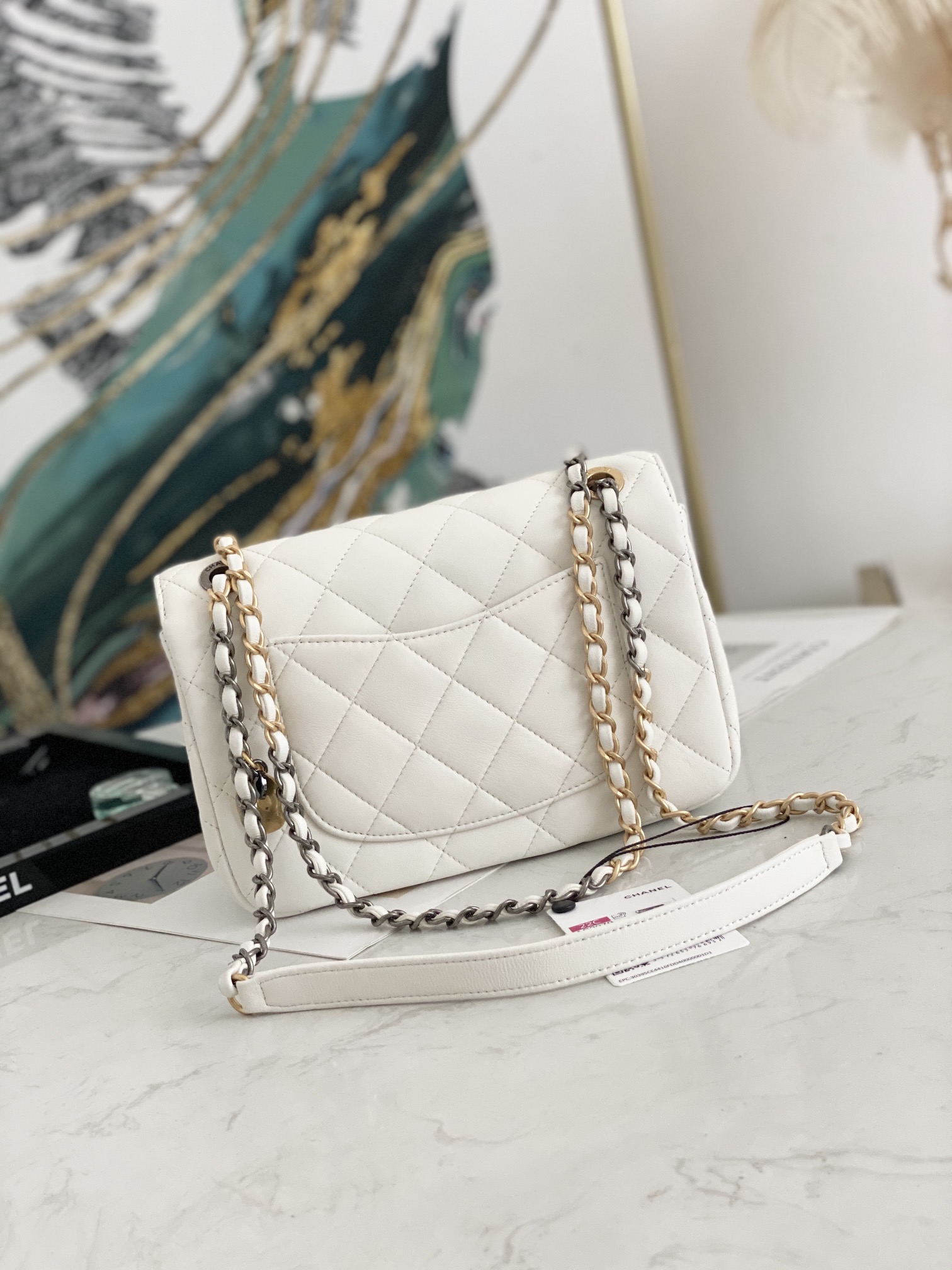 Replcai Chanel AS2979 Small Flap Bag Lambskin Glass Pearls White