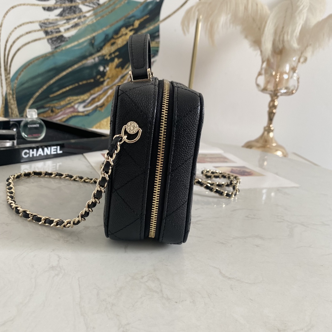 Replcai Chanel Mini Camera Bag Grained Calfskin Gold Tone Metal Black