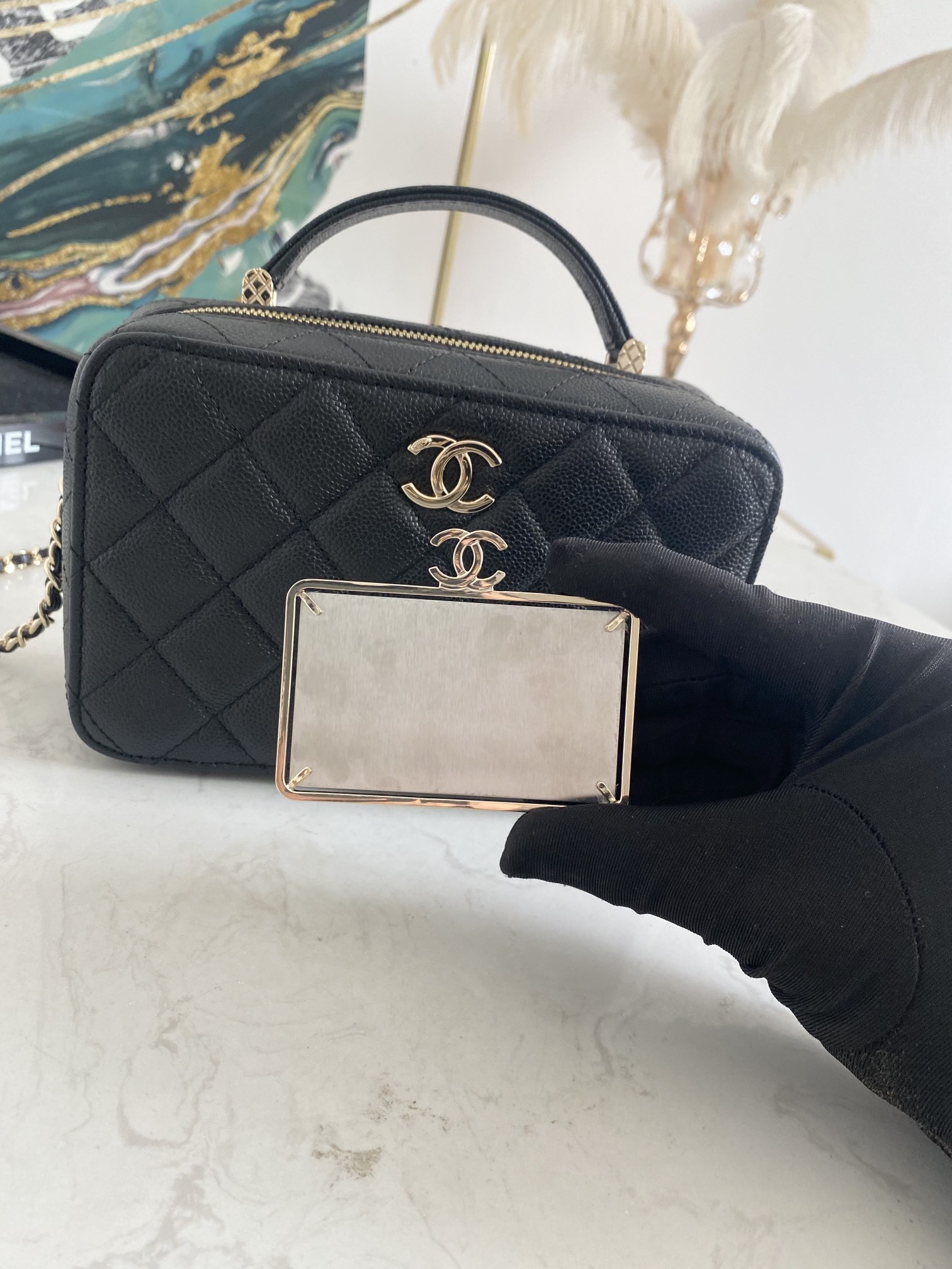 Replcai Chanel Mini Camera Bag Grained Calfskin Gold Tone Metal Black