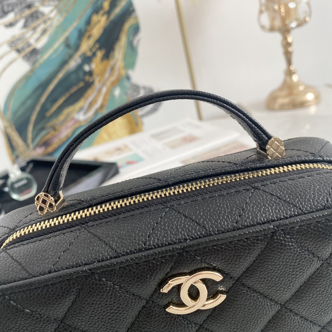 Replcai Chanel Mini Camera Bag Grained Calfskin Gold Tone Metal Black