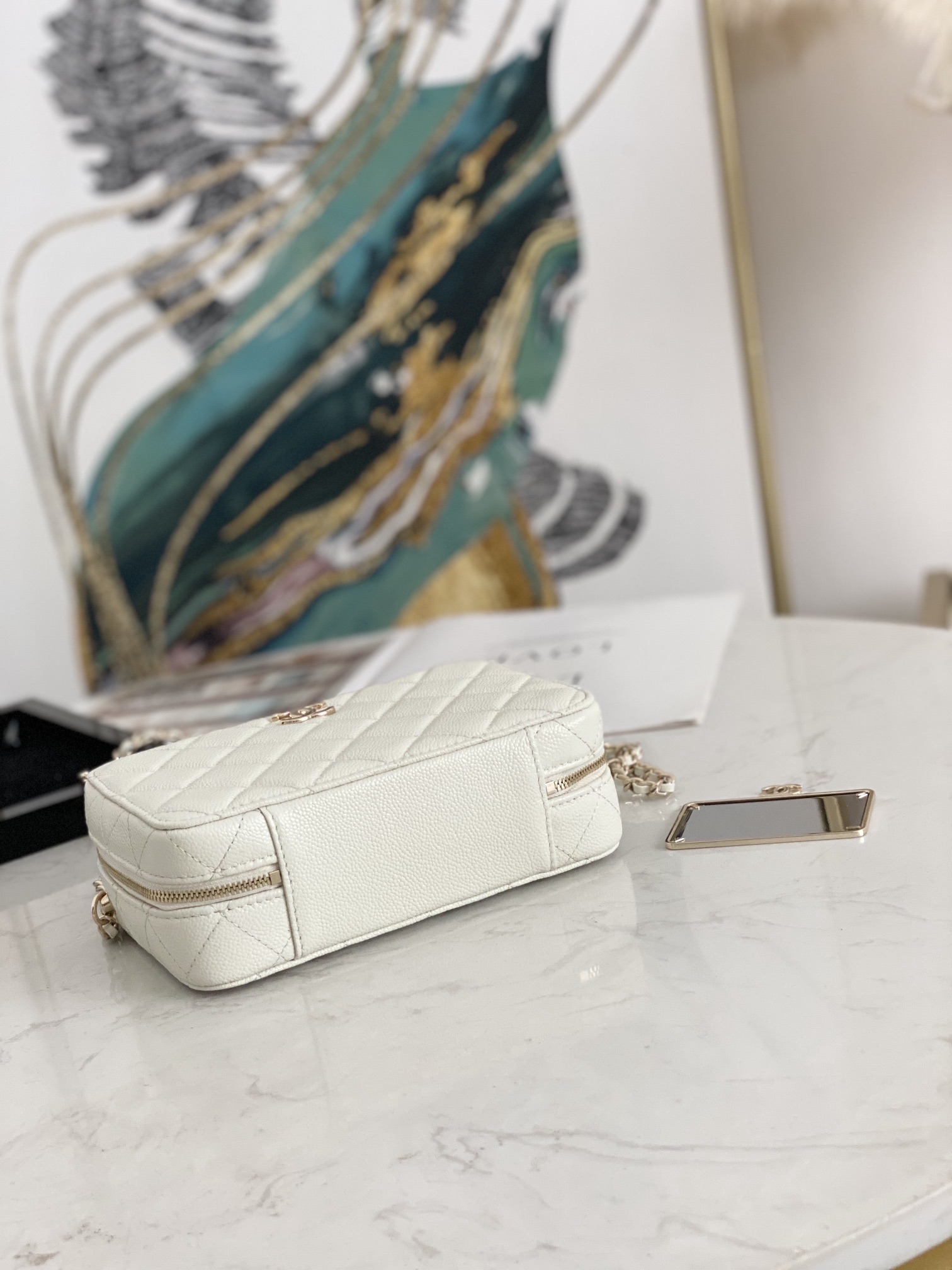 Replcai Chanel Mini Camera Bag Grained Calfskin Gold Tone Metal White