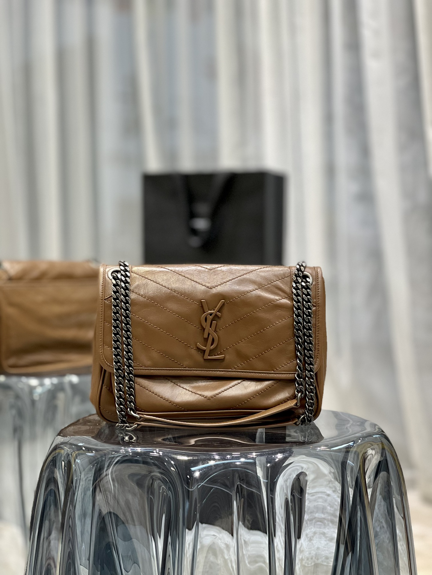 Replcai Saint Laurent NIKI Small Bag in Crinkled Vintage Leather Silver